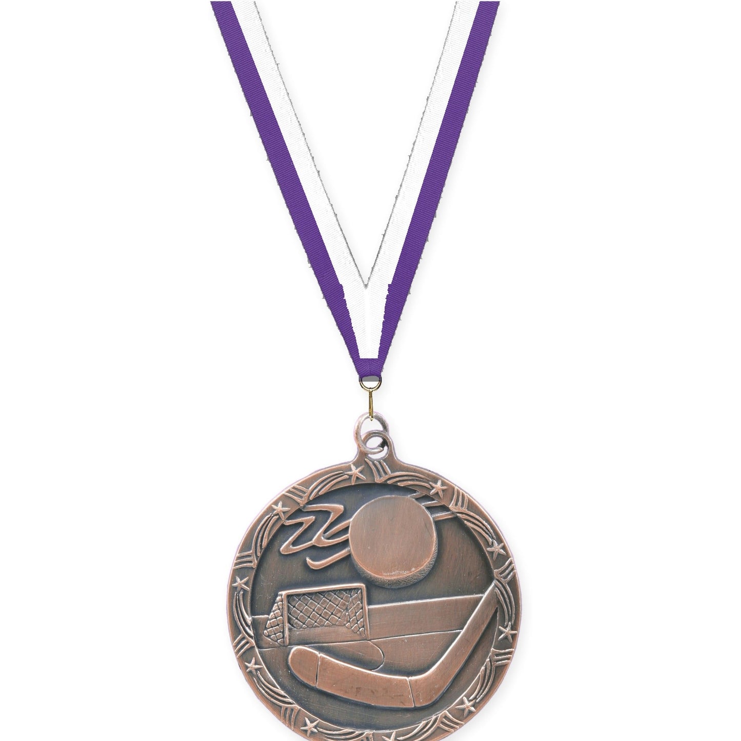 2 1/2 inch hockey Shooting Star medal in antique bronze with Purple White neck ribbon