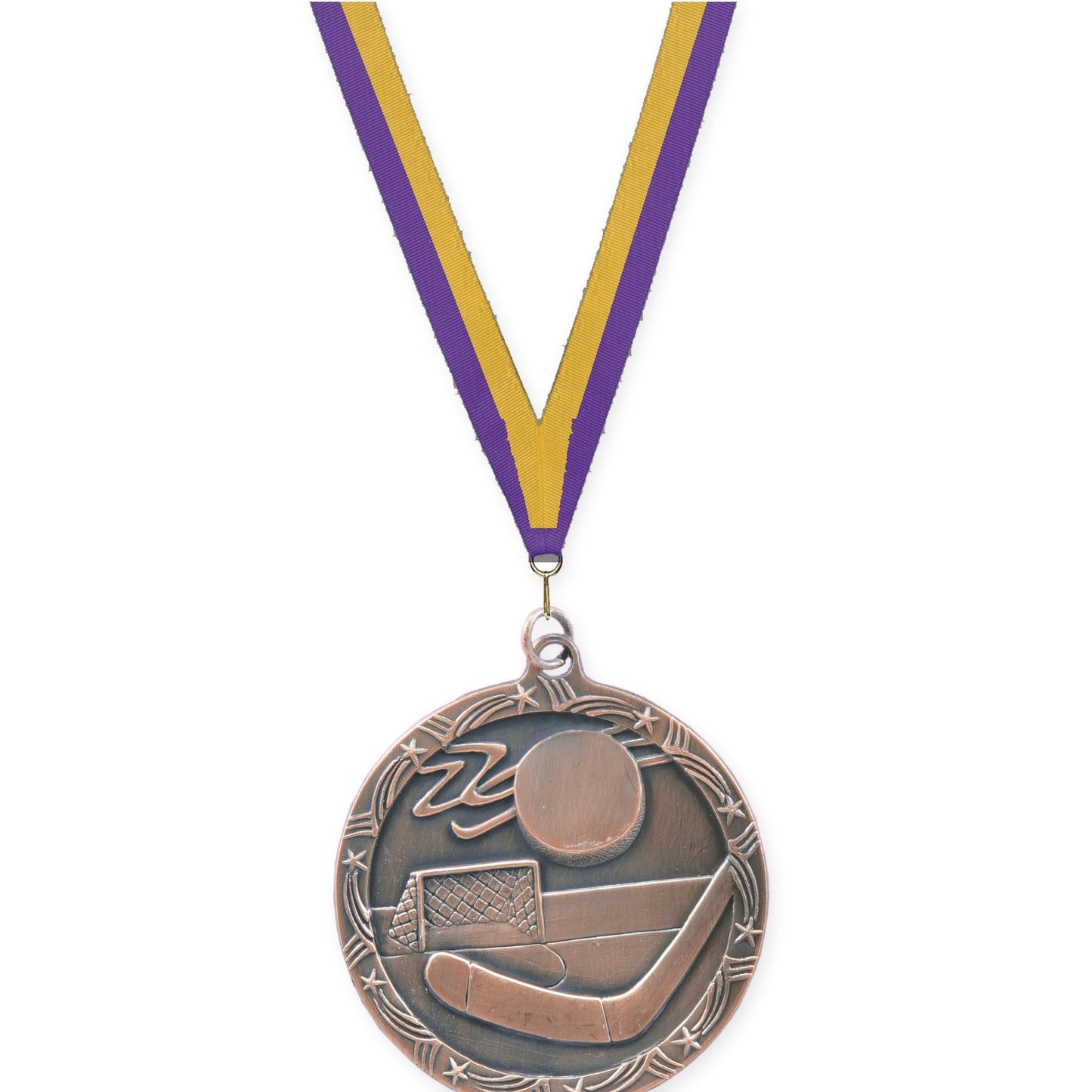 2 1/2 inch hockey Shooting Star medal in antique bronze with Purple Gold neck ribbon