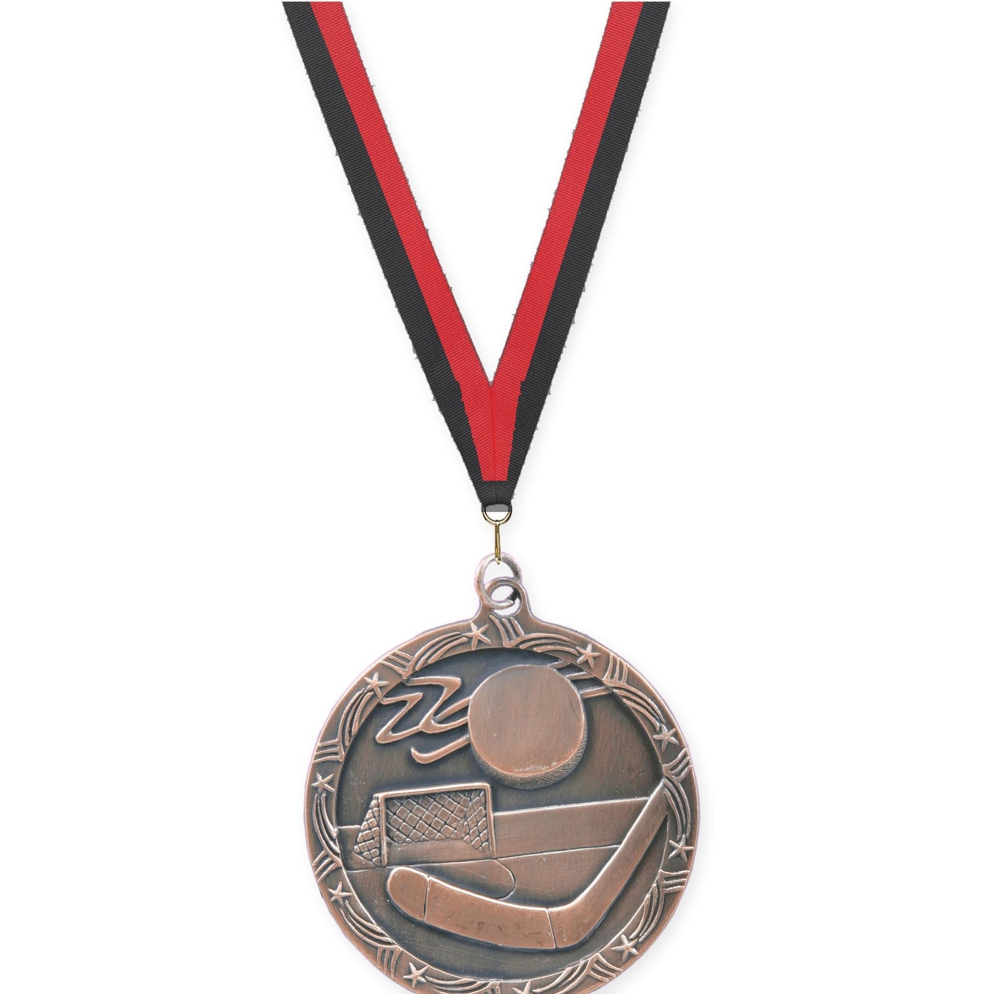 2 1/2 inch hockey Shooting Star medal in antique bronze with Black Red neck ribbon