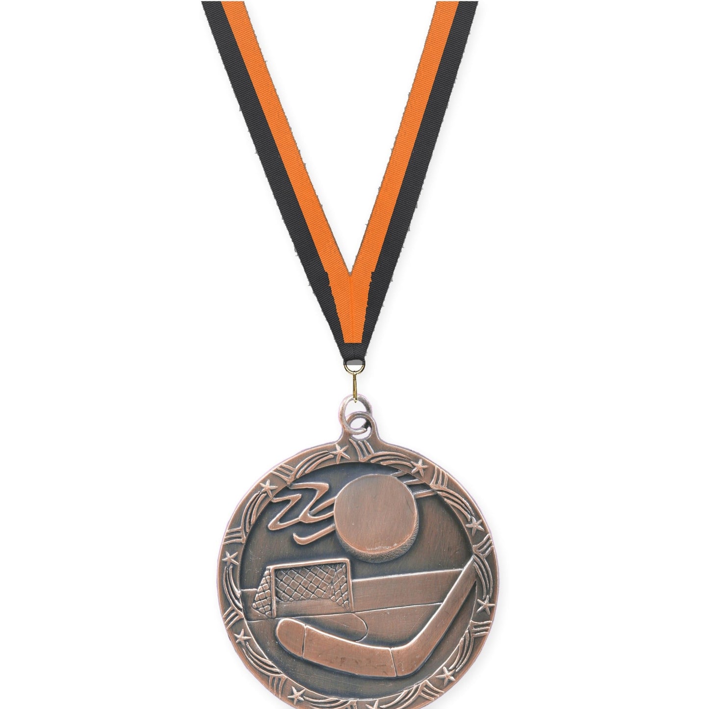 2 1/2 inch hockey Shooting Star medal in antique bronze with Black Orange neck ribbon