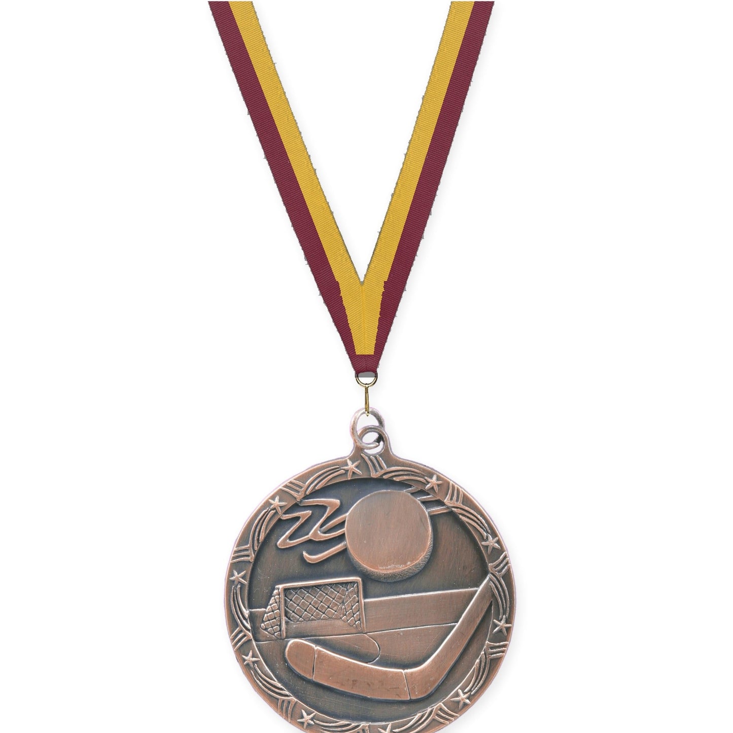 2 1/2 inch hockey Shooting Star medal in antique bronze with Maroon Gold neck ribbon