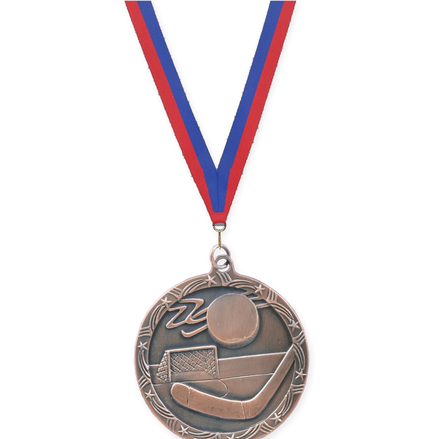 2 1/2 inch hockey Shooting Star medal in antique bronze with Blue Red neck ribbon