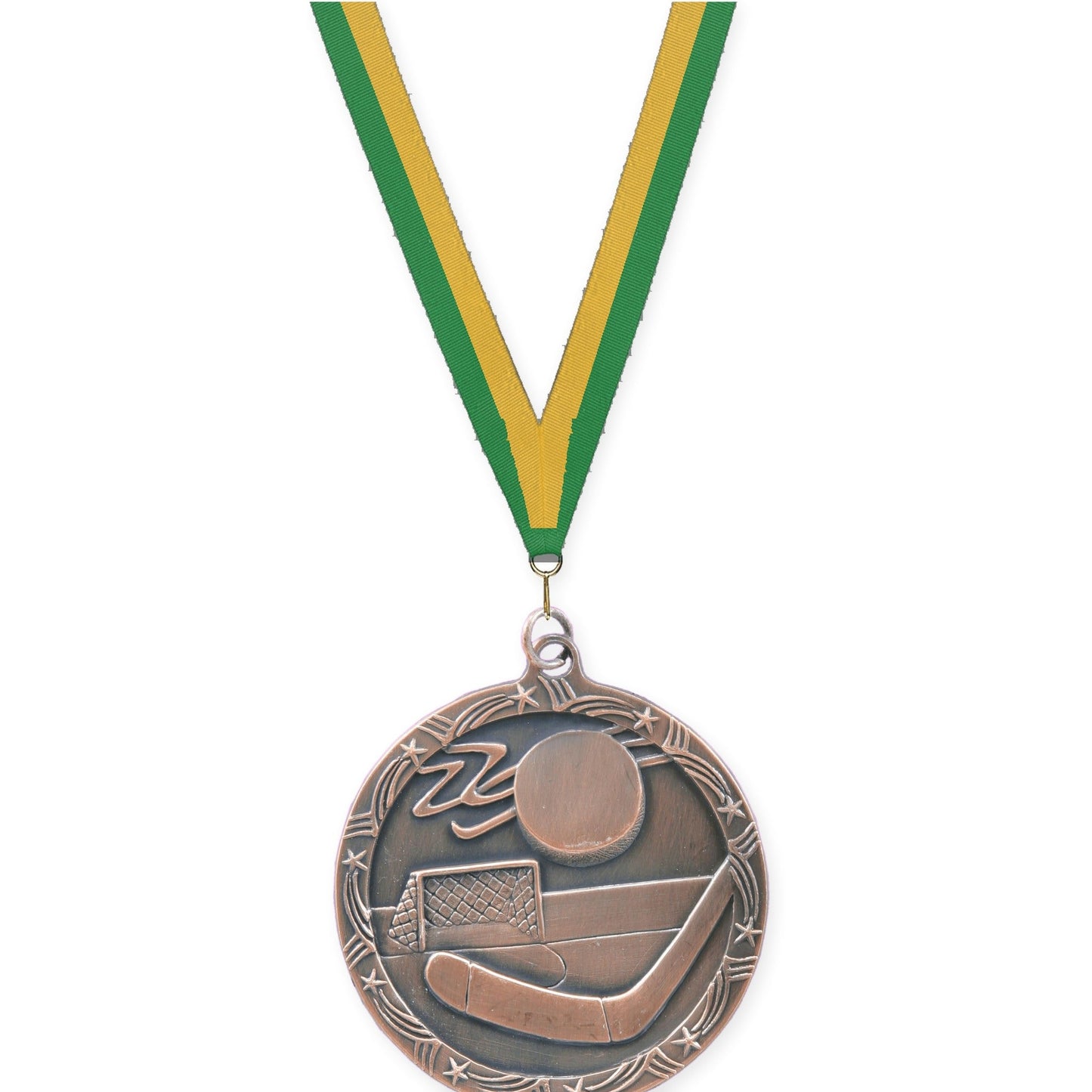 2 1/2 inch hockey Shooting Star medal in antique bronze with Green Gold neck ribbon