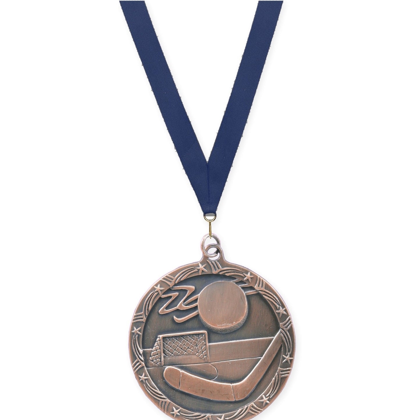 2 1/2 inch hockey Shooting Star medal in antique bronze with Navy neck ribbon