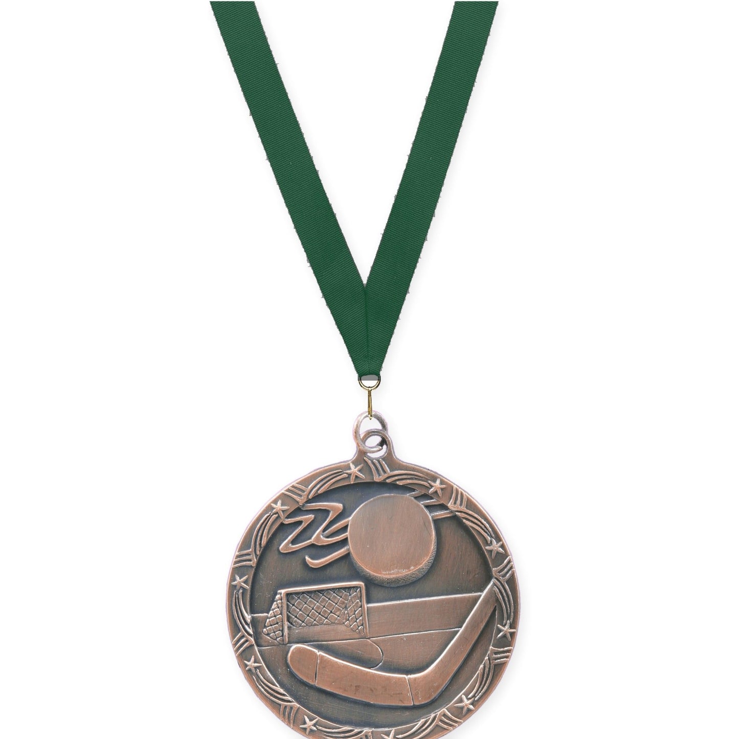 2 1/2 inch hockey Shooting Star medal in antique bronze with Hunter Green neck ribbon