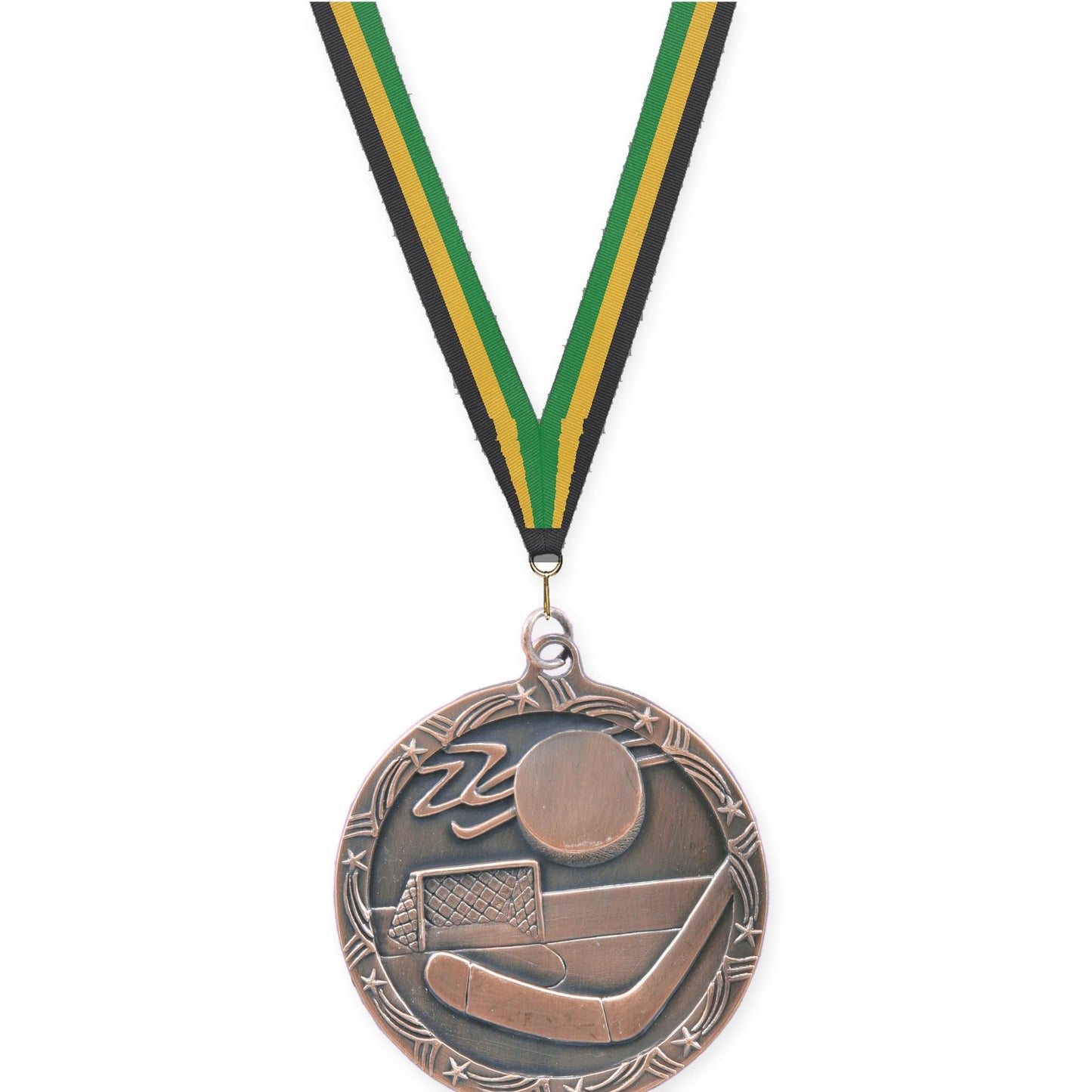 2 1/2 inch hockey Shooting Star medal in antique bronze with Black Gold Green neck ribbon