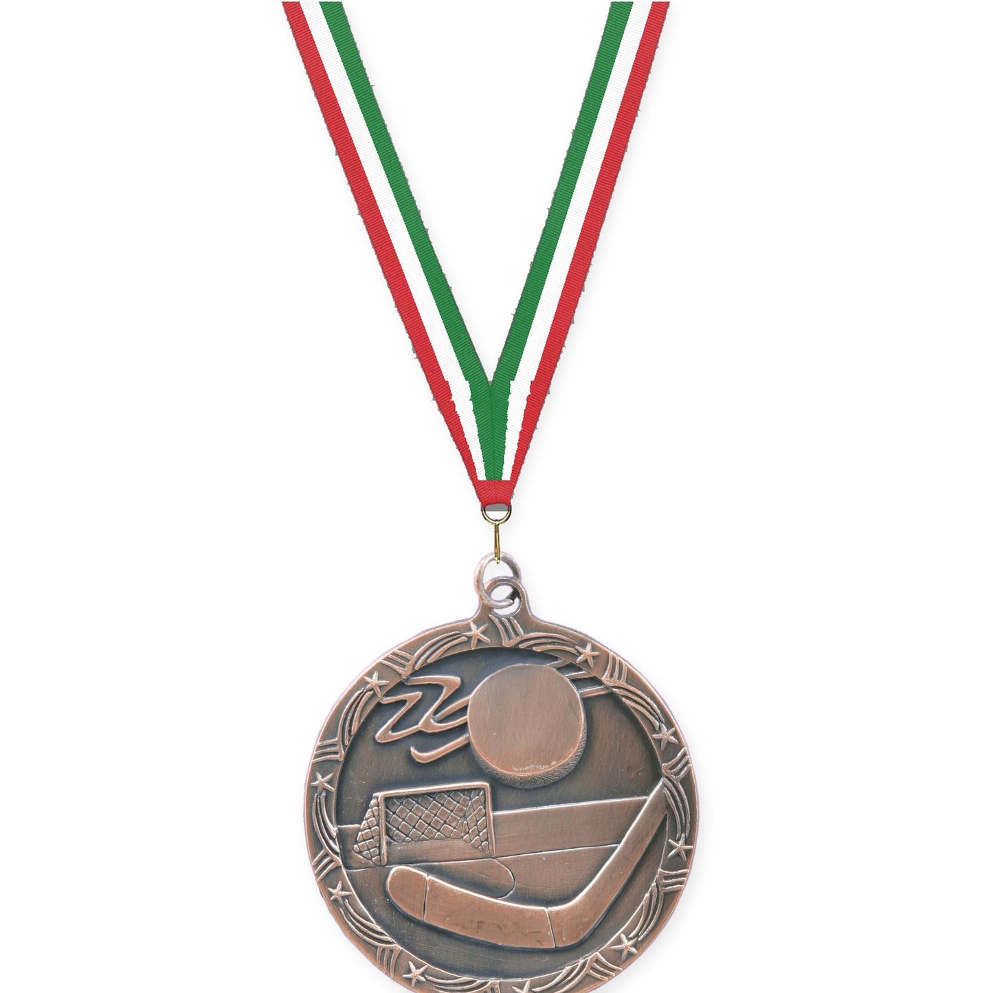 2 1/2 inch hockey Shooting Star medal in antique bronze with Red White Green neck ribbon