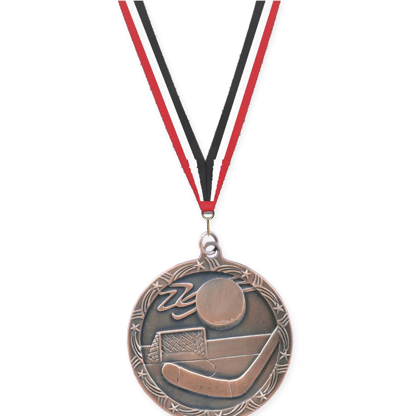 2 1/2 inch hockey Shooting Star medal in antique bronze with Red White Black neck ribbon