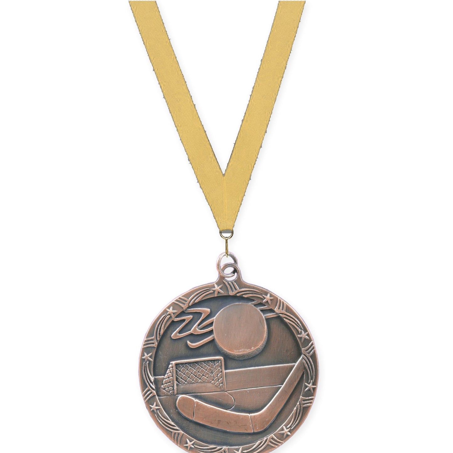 2 1/2 inch hockey Shooting Star medal in antique bronze with Gold Metallic neck ribbon
