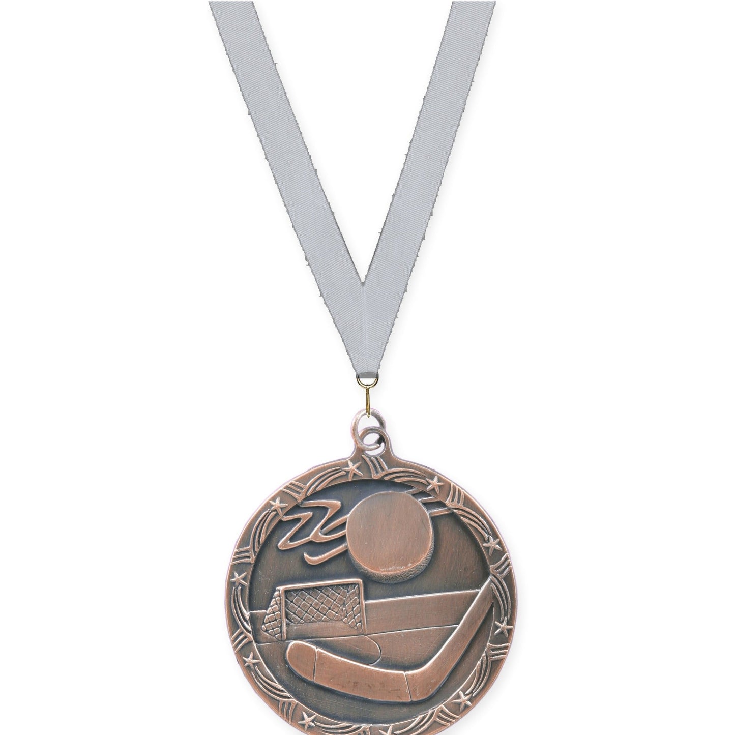 2 1/2 inch hockey Shooting Star medal in antique bronze with Silver Metallic neck ribbon