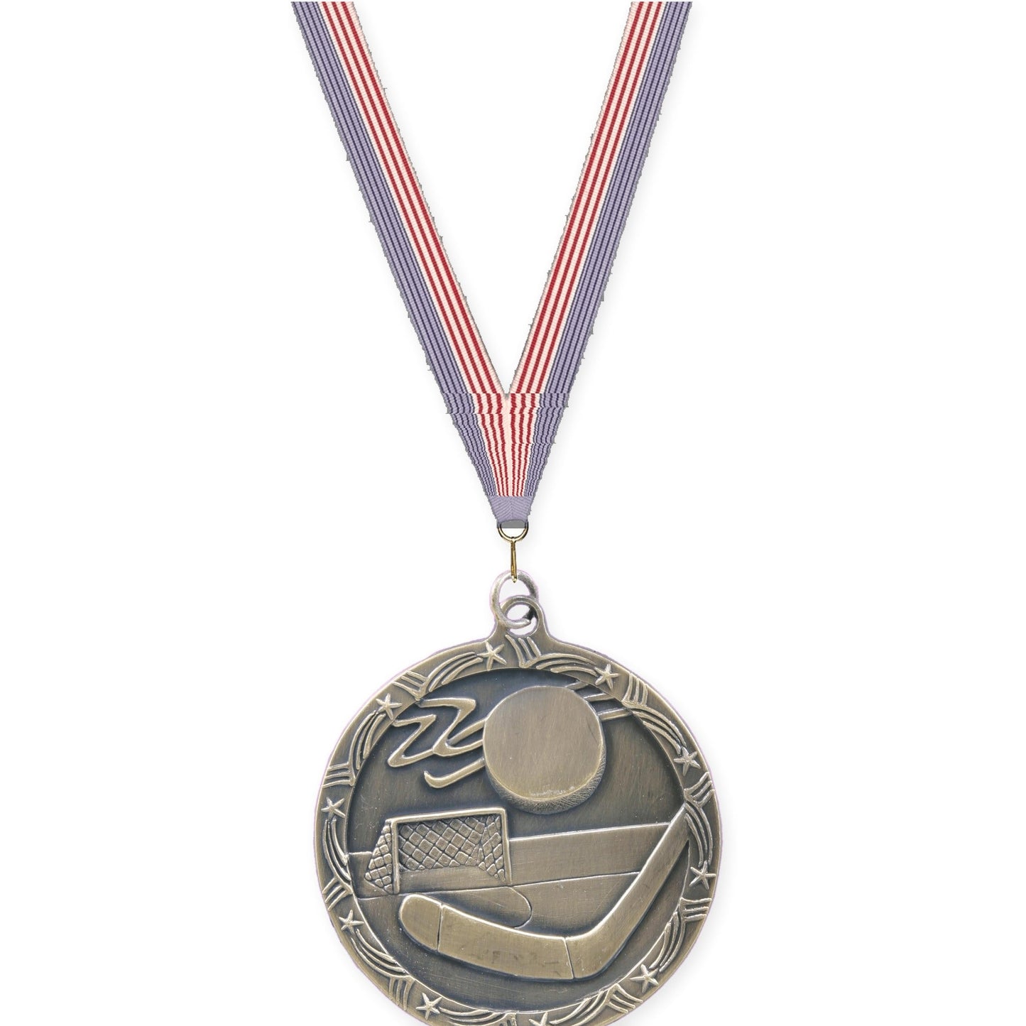 2 1/2 inch hockey Shooting Star medal in antique gold with USA Flag neck ribbon