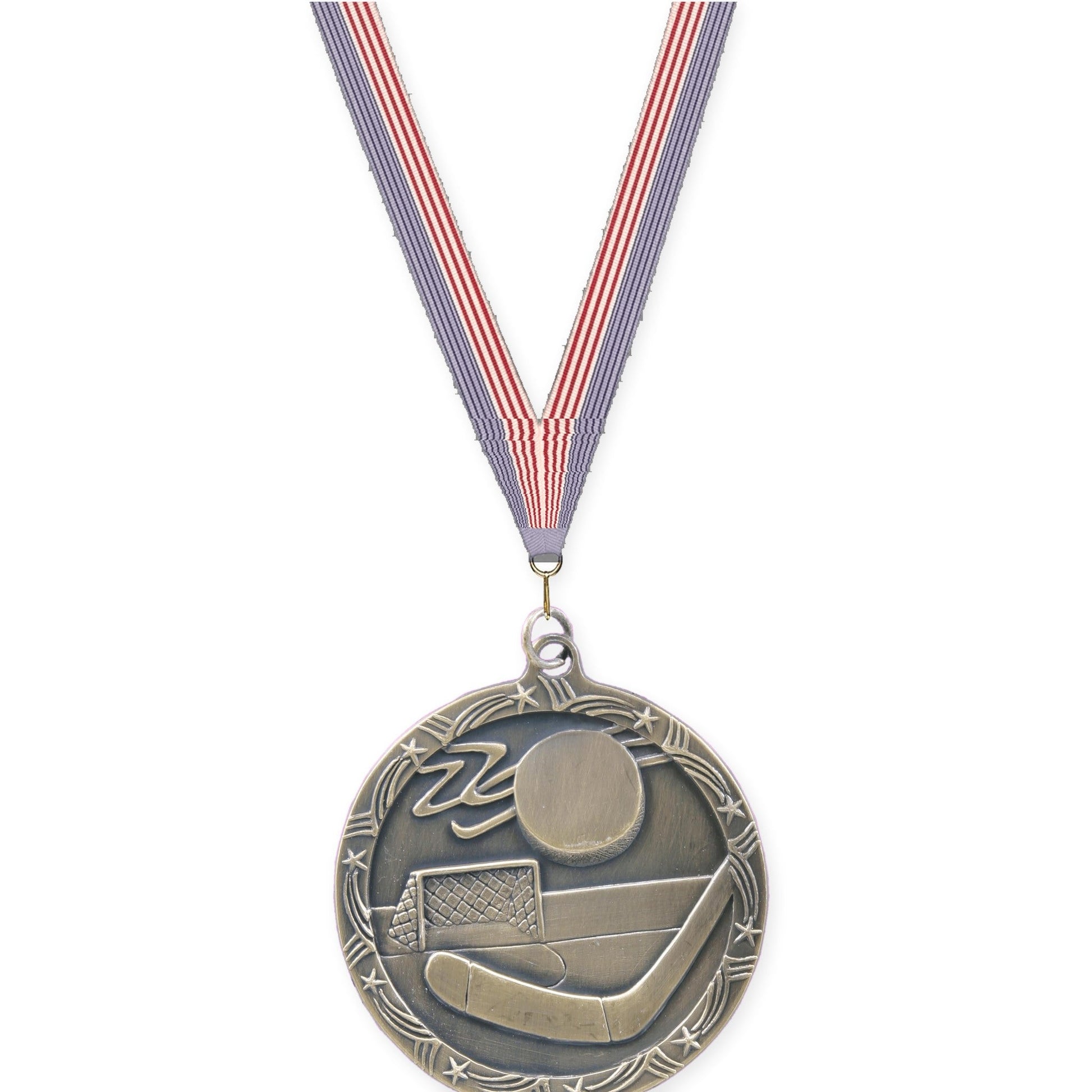 2 1/2 inch hockey Shooting Star medal in antique gold with USA Flag neck ribbon