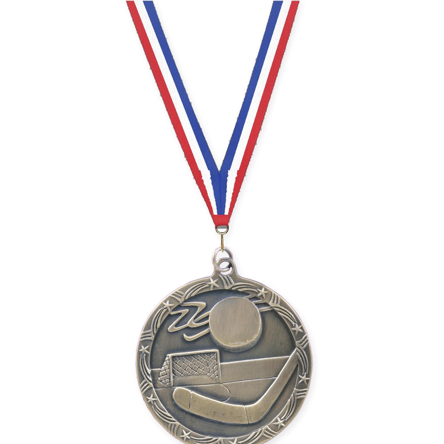 2 1/2 inch hockey Shooting Star medal in antique gold with Red White Blue neck ribbon