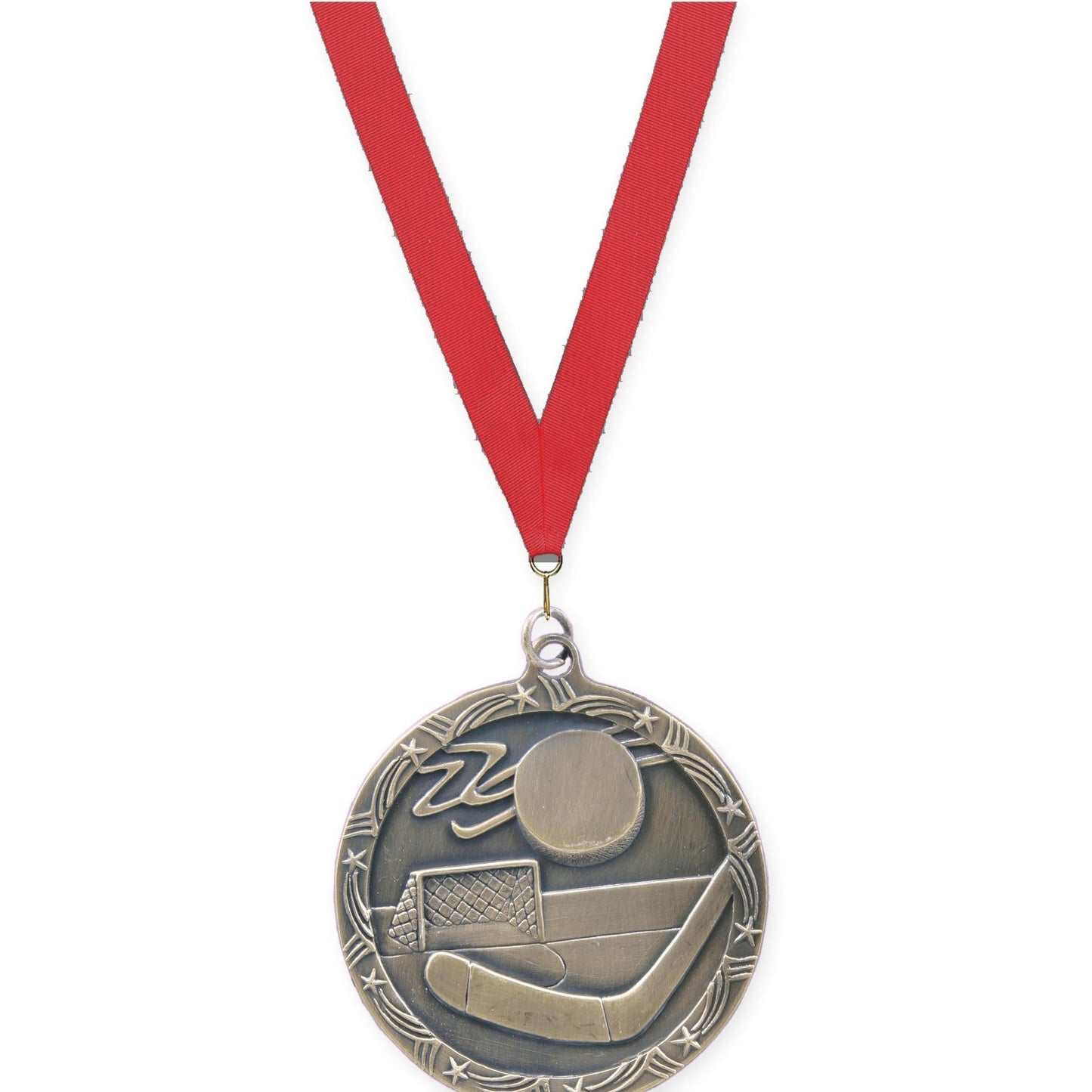 2 1/2 inch hockey Shooting Star medal in antique gold with Red neck ribbon