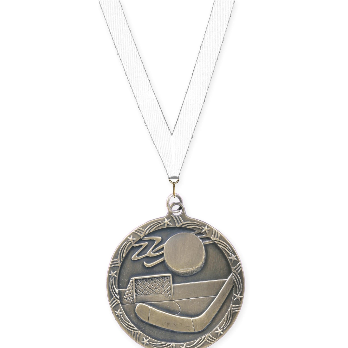 2 1/2 inch hockey Shooting Star medal in antique gold with White neck ribbon