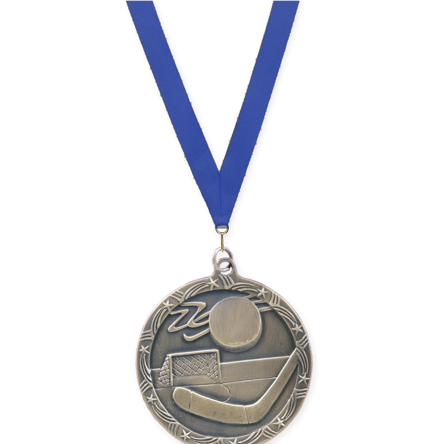 2 1/2 inch hockey Shooting Star medal in antique gold with Blue neck ribbon