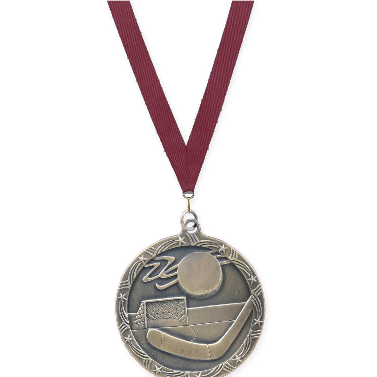 2 1/2 inch hockey Shooting Star medal in antique gold with Maroon neck ribbon