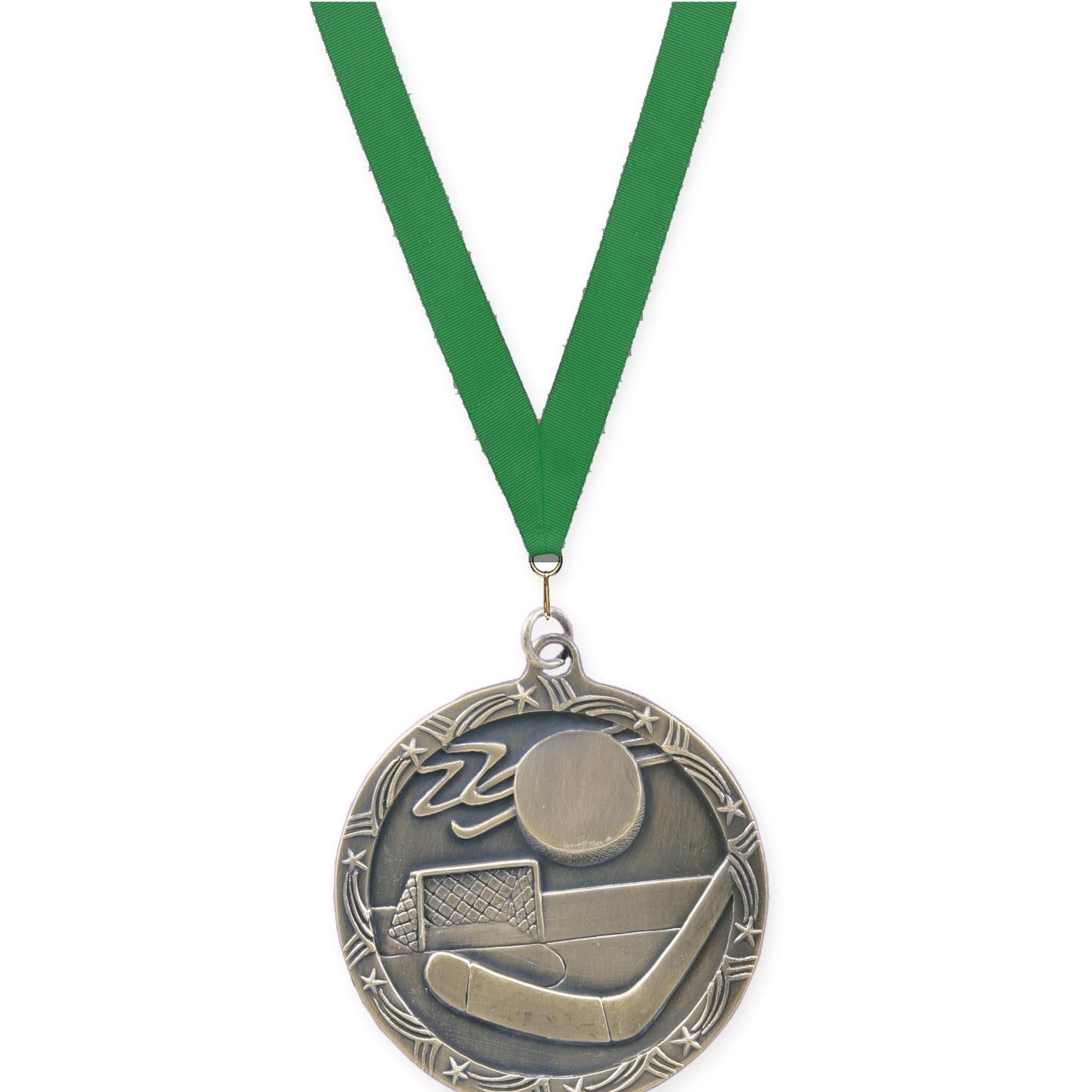 2 1/2 inch hockey Shooting Star medal in antique gold with Green neck ribbon