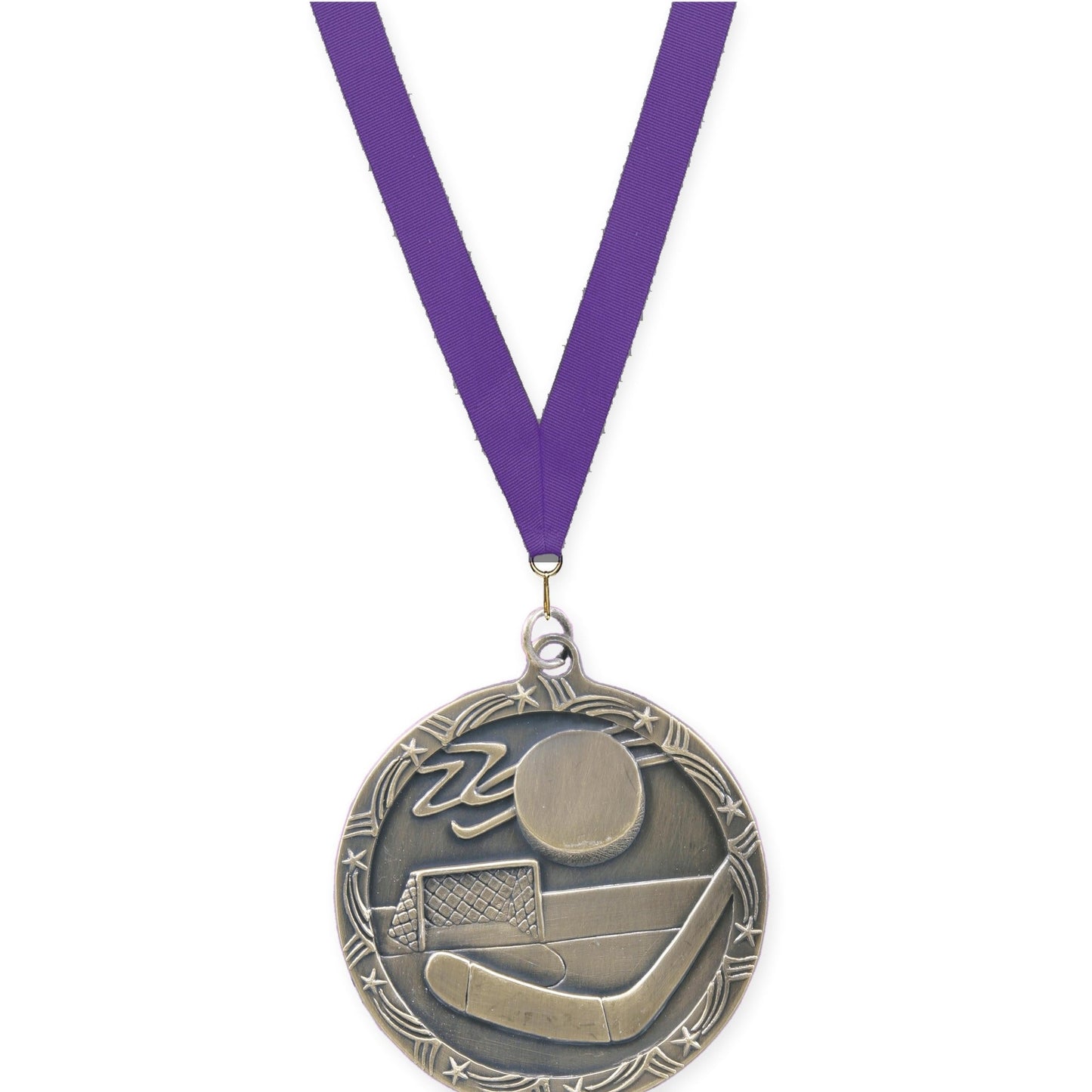 2 1/2 inch hockey Shooting Star medal in antique gold with Purple neck ribbon