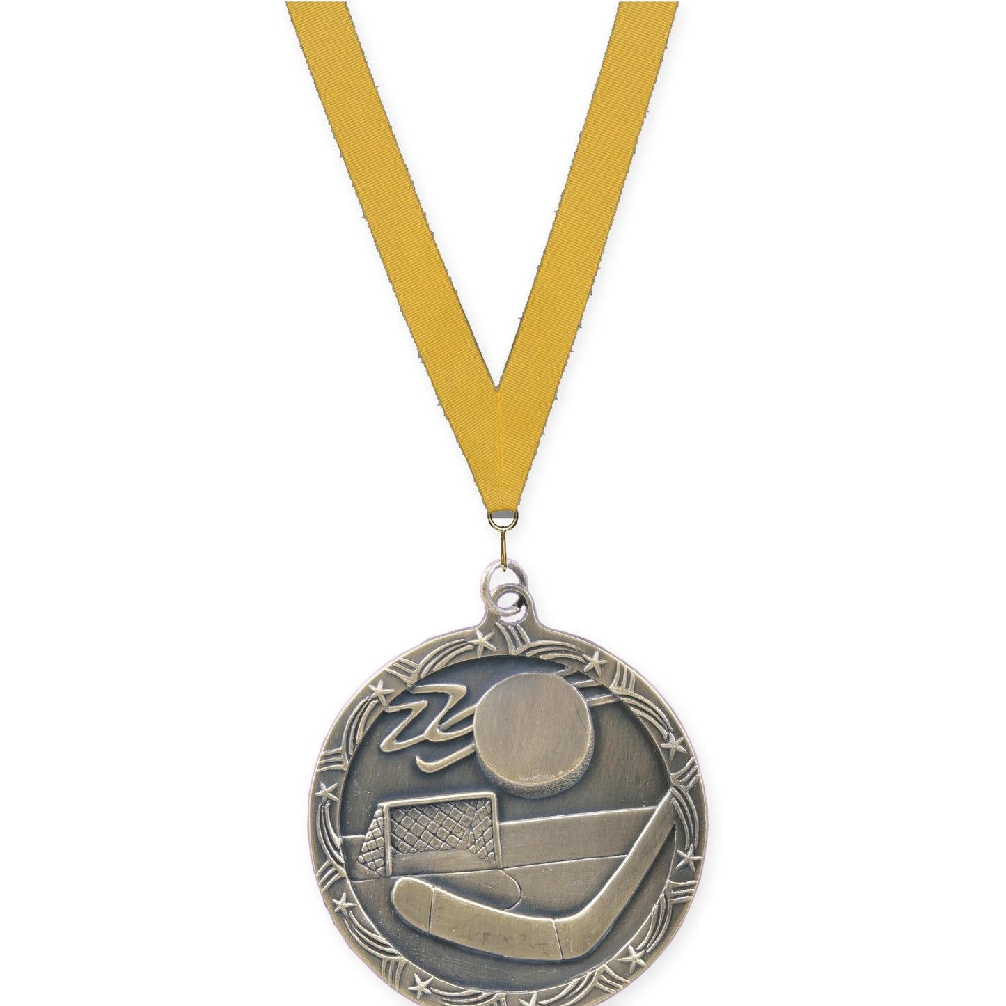 2 1/2 inch hockey Shooting Star medal in antique gold with Gold neck ribbon