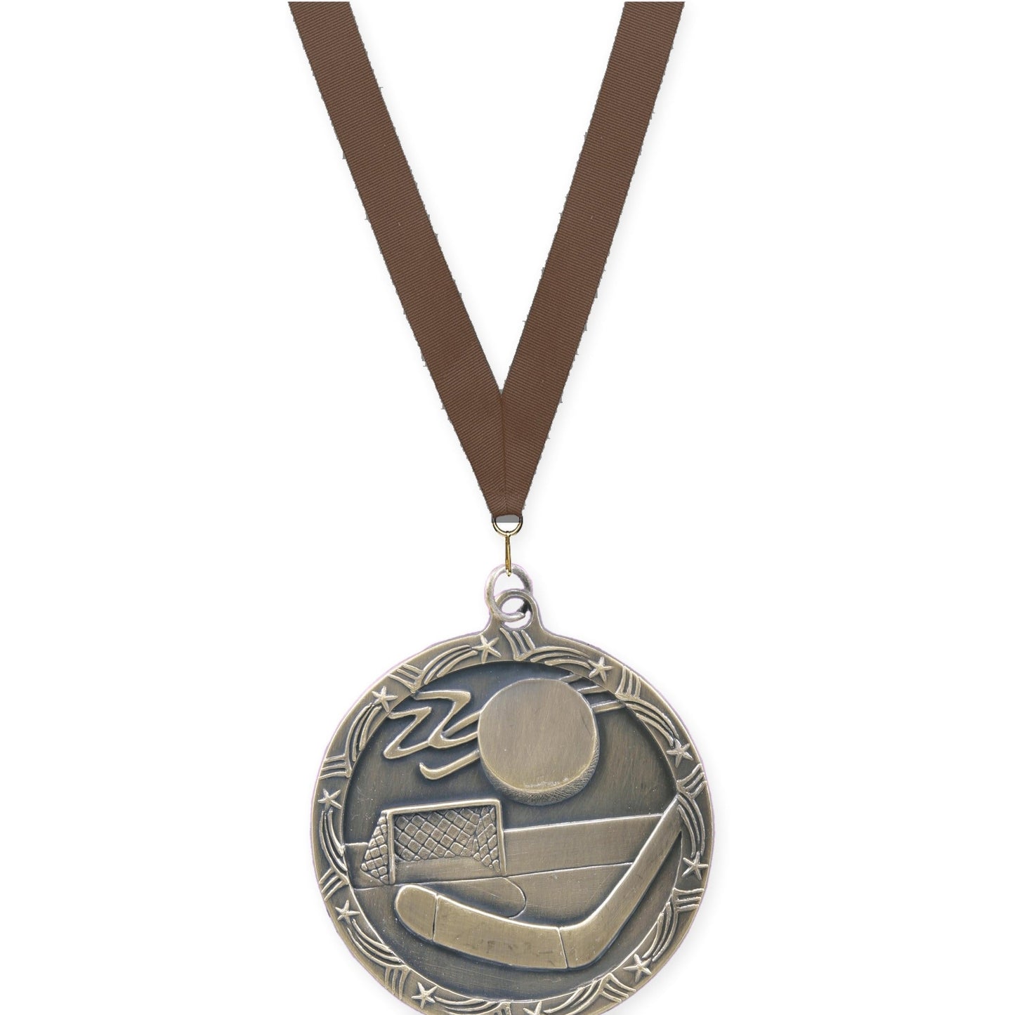 2 1/2 inch hockey Shooting Star medal in antique gold with Brown neck ribbon