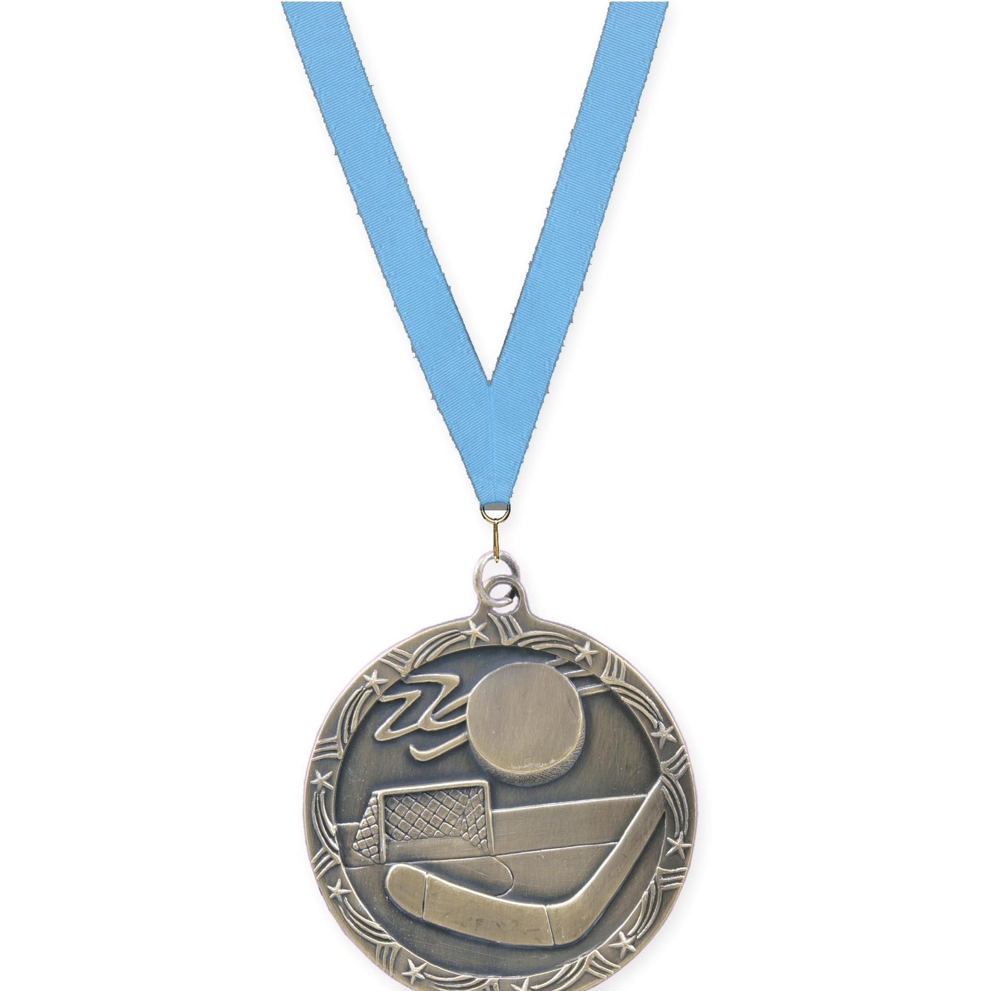 2 1/2 inch hockey Shooting Star medal in antique gold with Light Blue neck ribbon