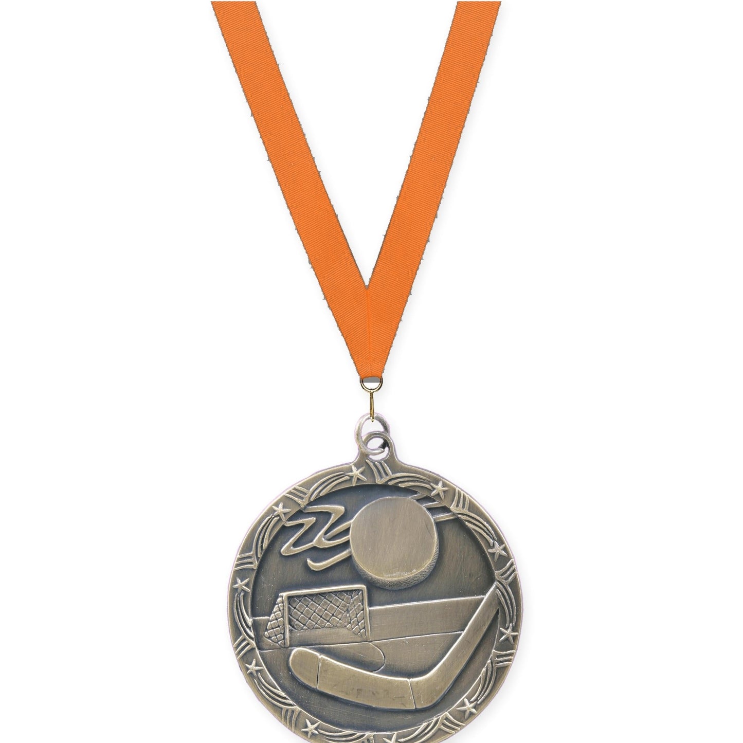 2 1/2 inch hockey Shooting Star medal in antique gold with Orange neck ribbon