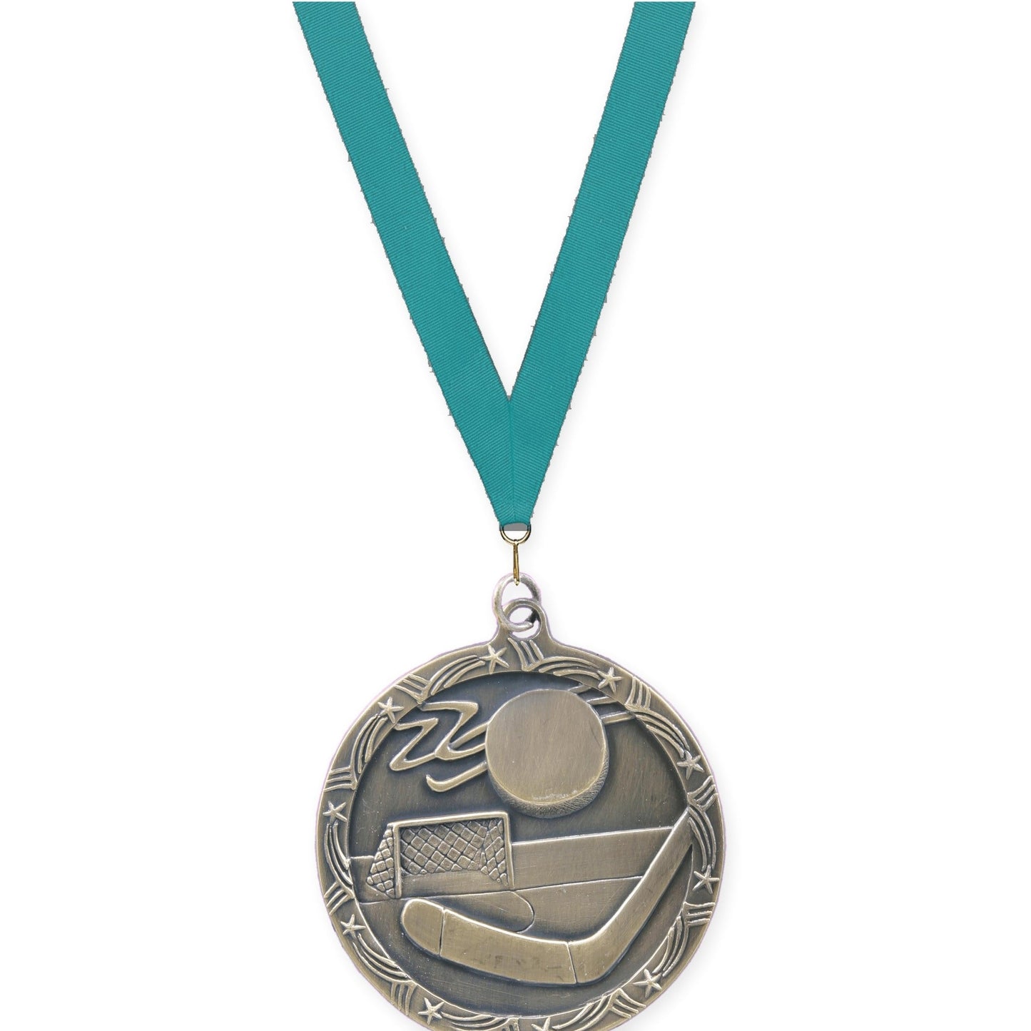 2 1/2 inch hockey Shooting Star medal in antique gold with Teal neck ribbon