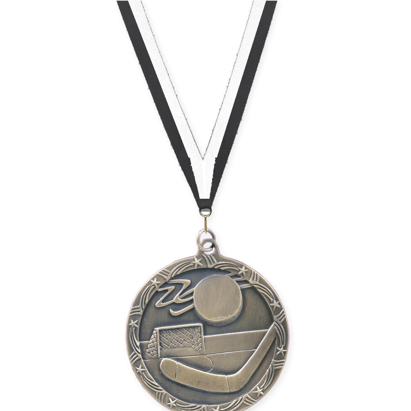 2 1/2 inch hockey Shooting Star medal in antique gold with Black White neck ribbon