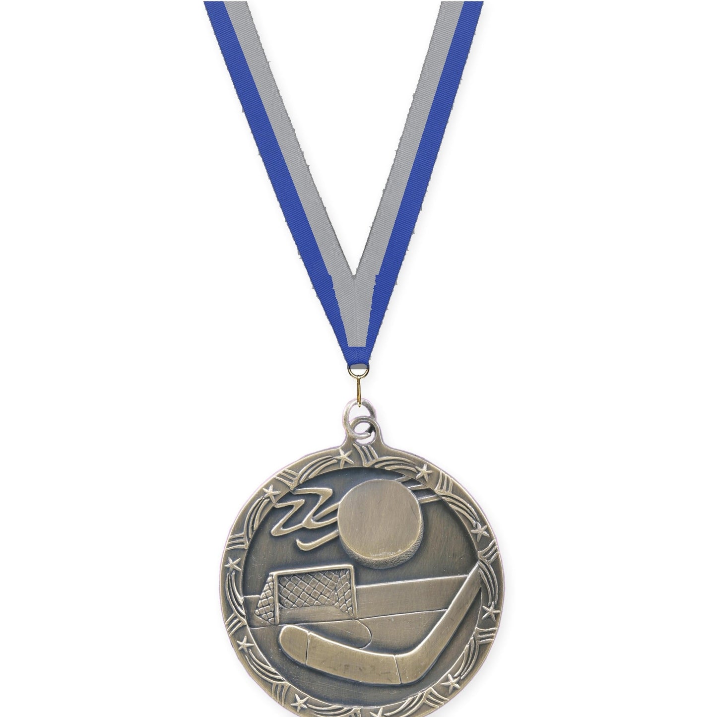 2 1/2 inch hockey Shooting Star medal in antique gold with Blue Gray neck ribbon