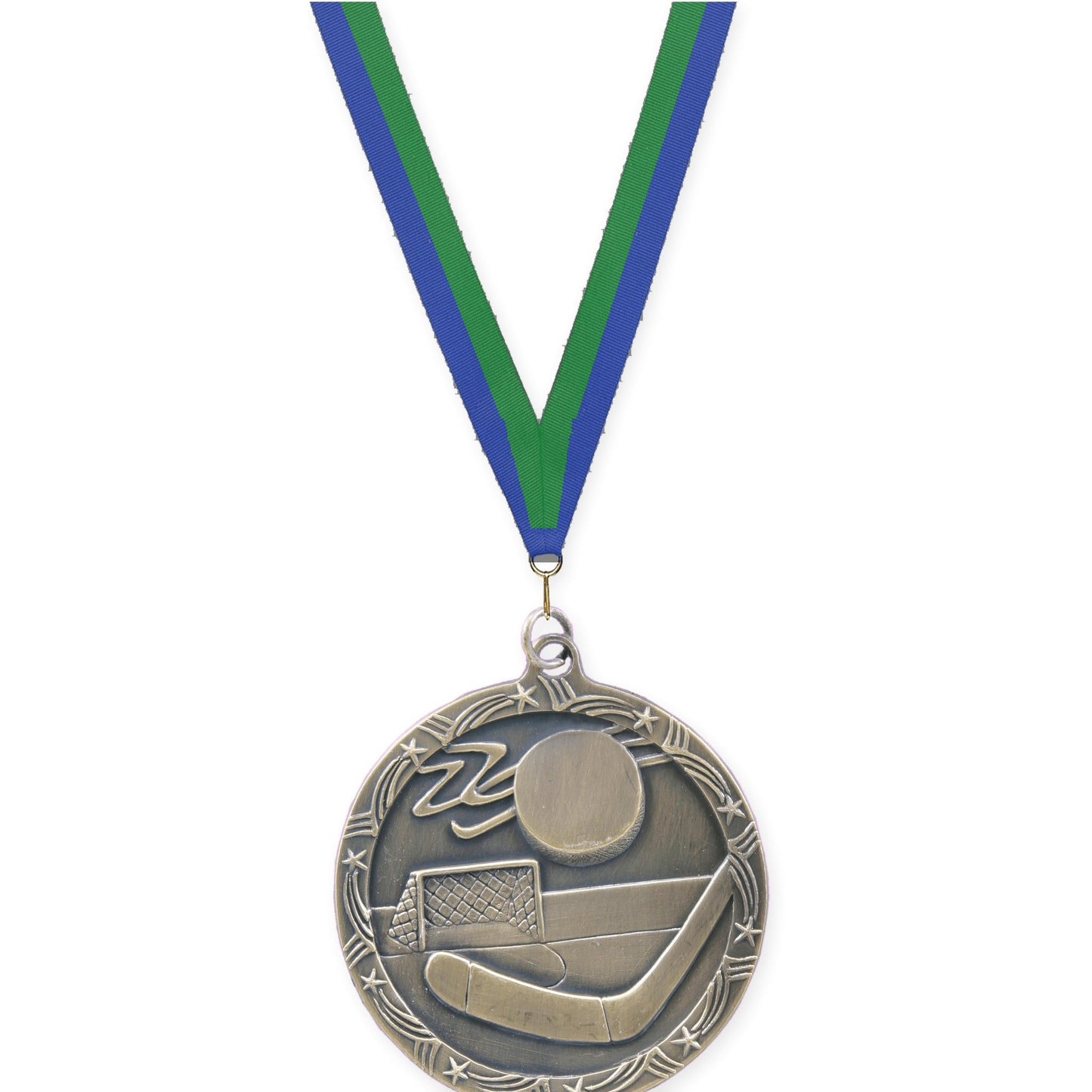 2 1/2 inch hockey Shooting Star medal in antique gold with Blue Green neck ribbon