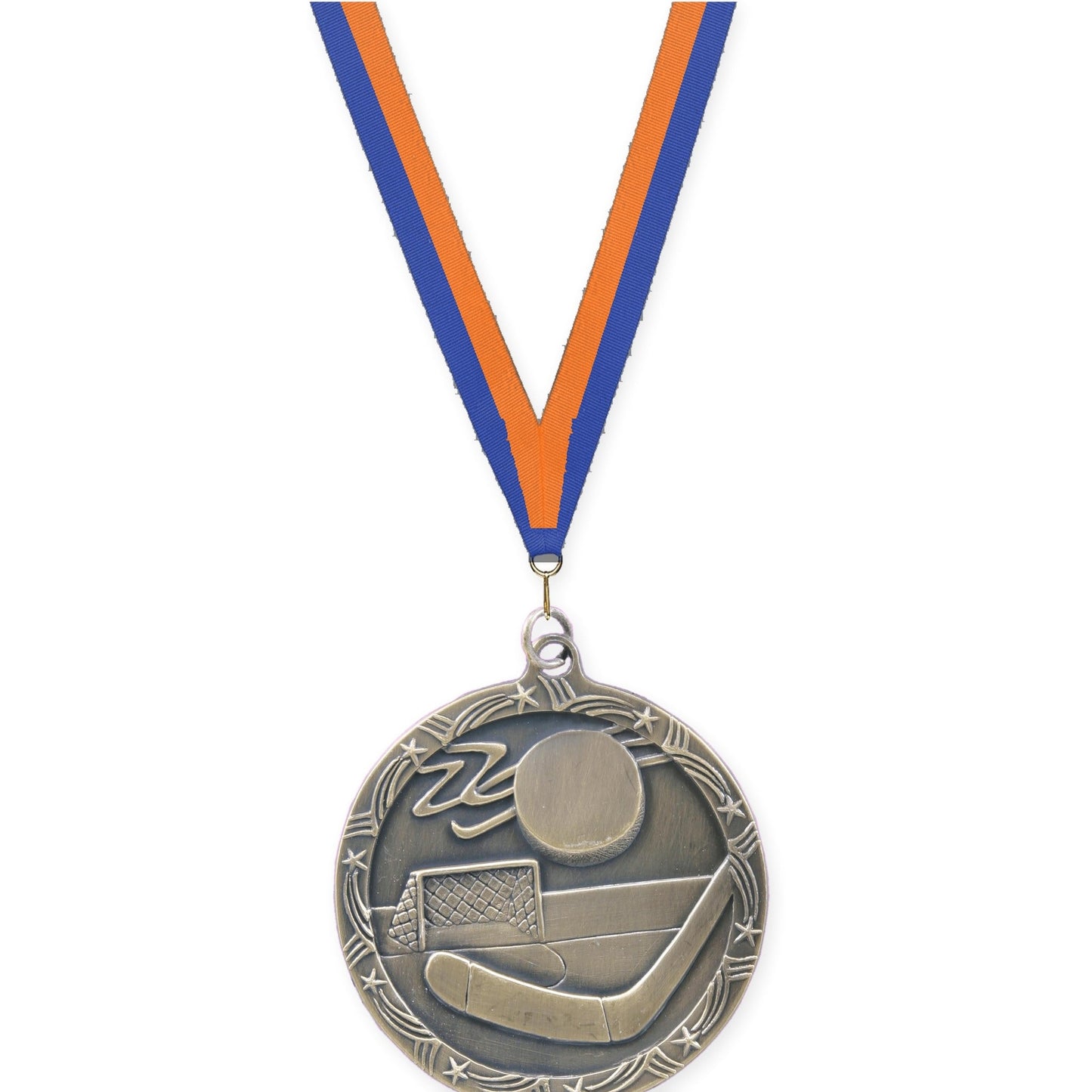 2 1/2 inch hockey Shooting Star medal in antique gold with Blue Orange neck ribbon