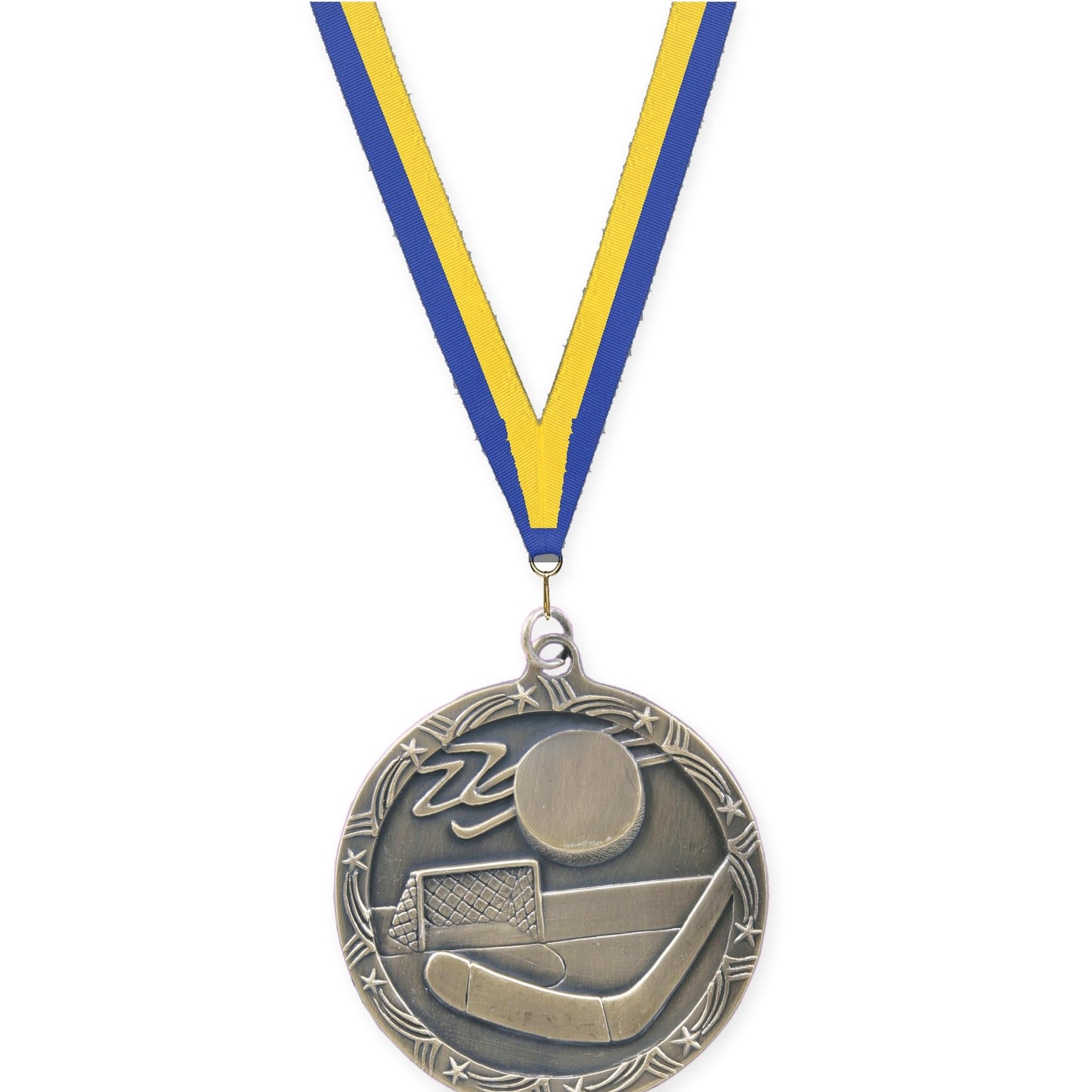 2 1/2 inch hockey Shooting Star medal in antique gold with Blue Yellow neck ribbon
