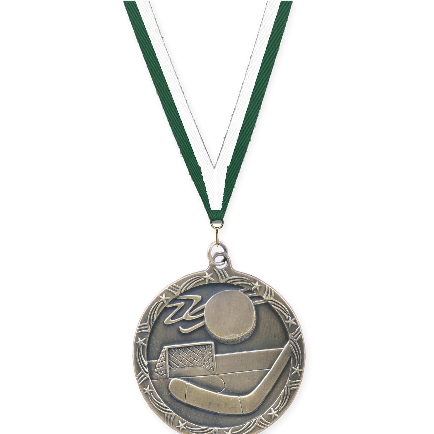 2 1/2 inch hockey Shooting Star medal in antique gold with Hunter Green White neck ribbon