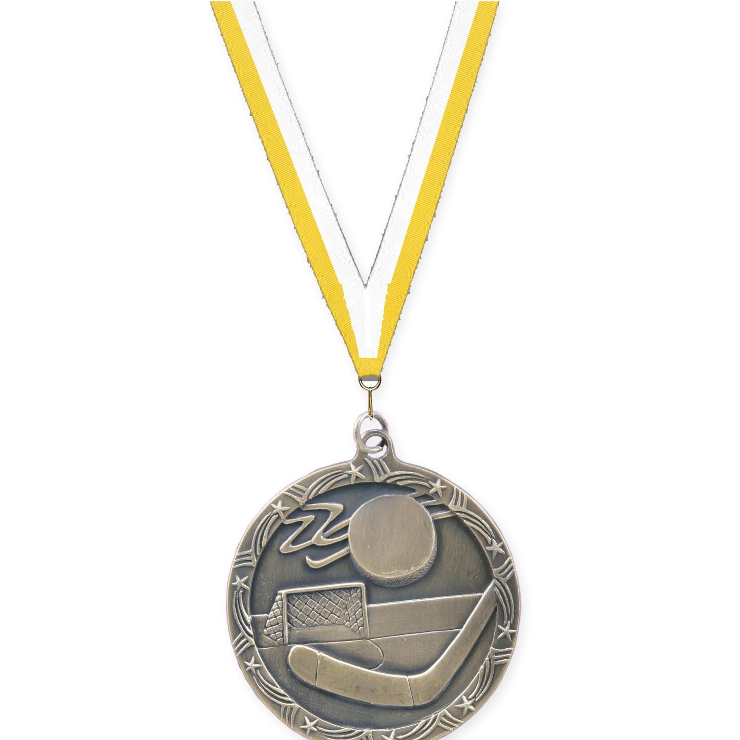 2 1/2 inch hockey Shooting Star medal in antique gold with Yellow White neck ribbon