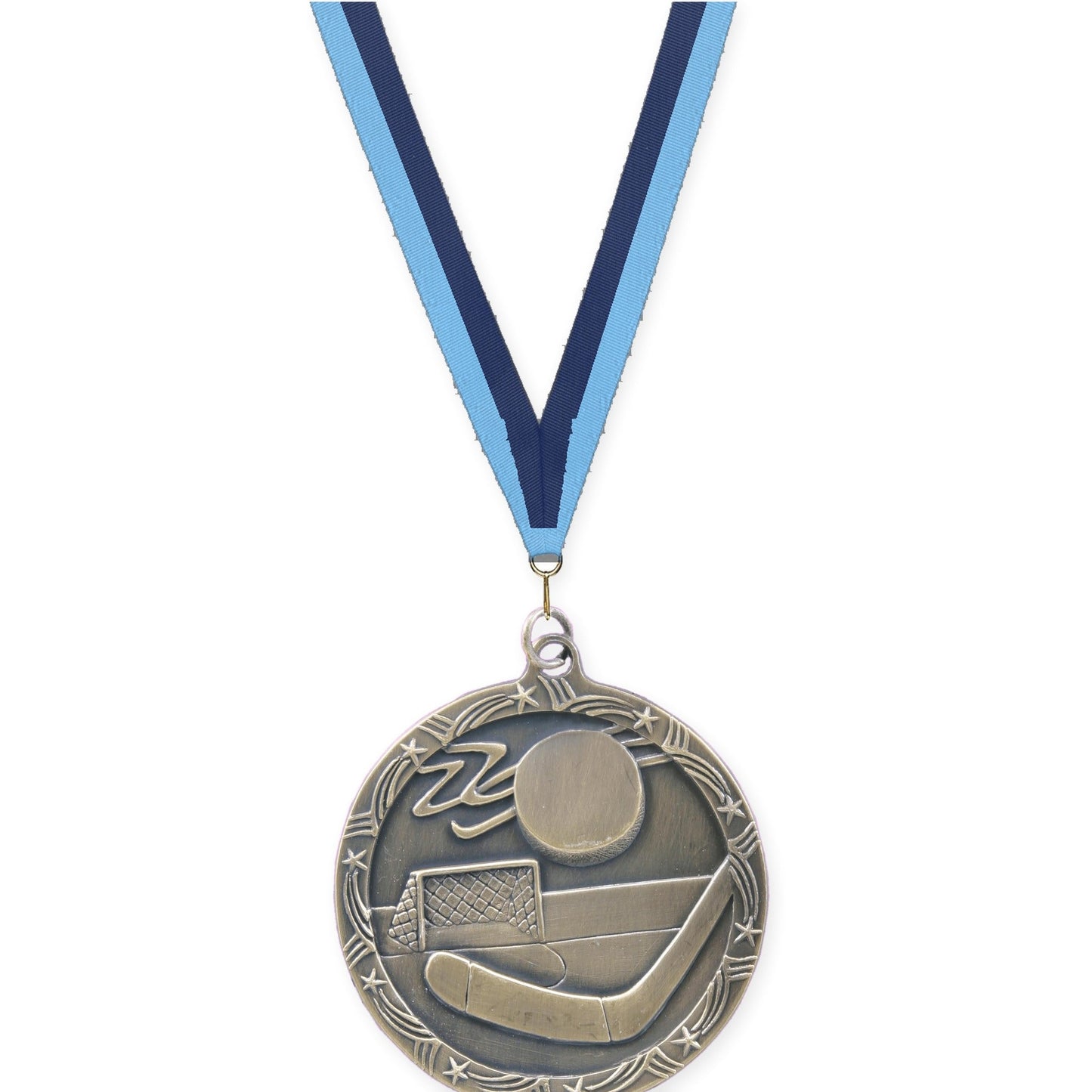 2 1/2 inch hockey Shooting Star medal in antique gold with Light Blue Navy neck ribbon