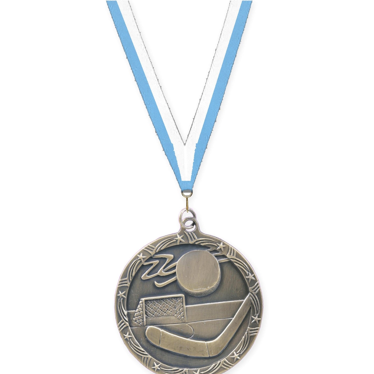 2 1/2 inch hockey Shooting Star medal in antique gold with Light Blue White neck ribbon
