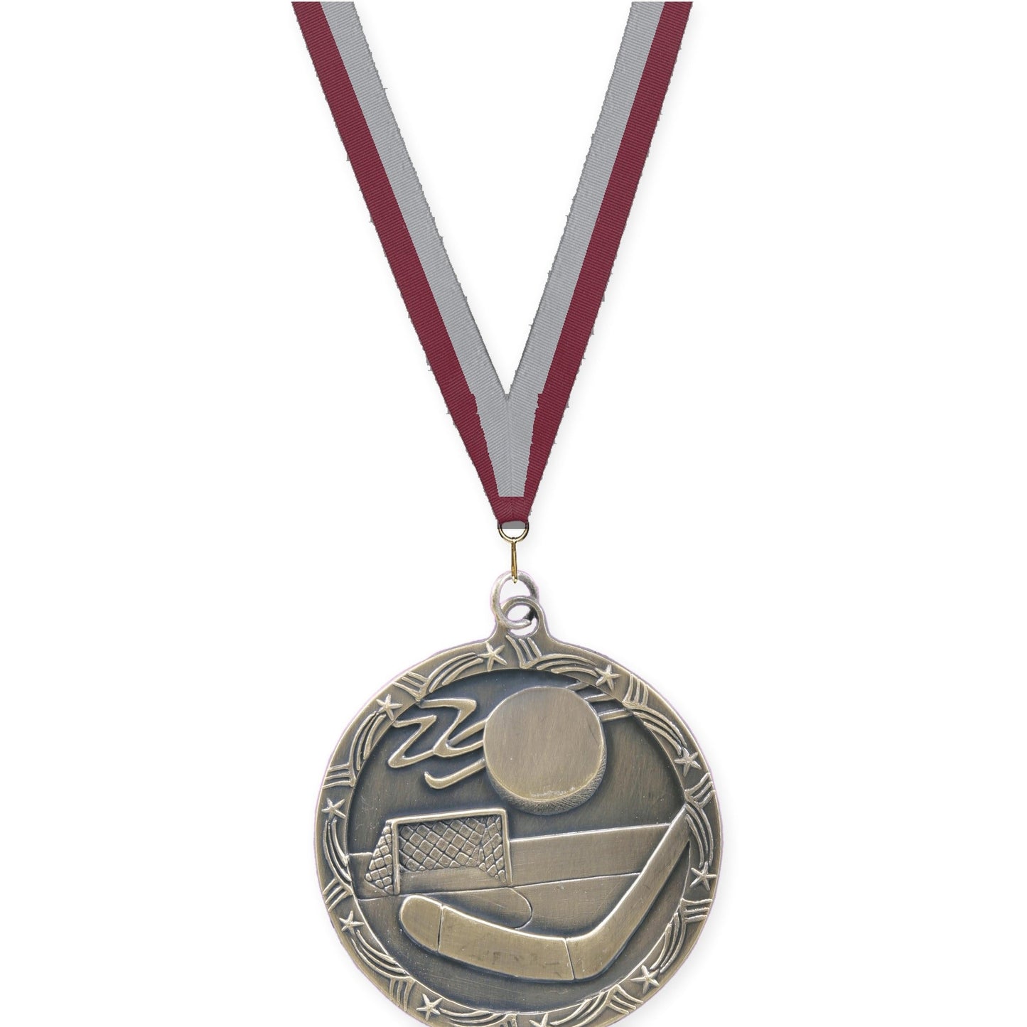 2 1/2 inch hockey Shooting Star medal in antique gold with Maroon Gray neck ribbon