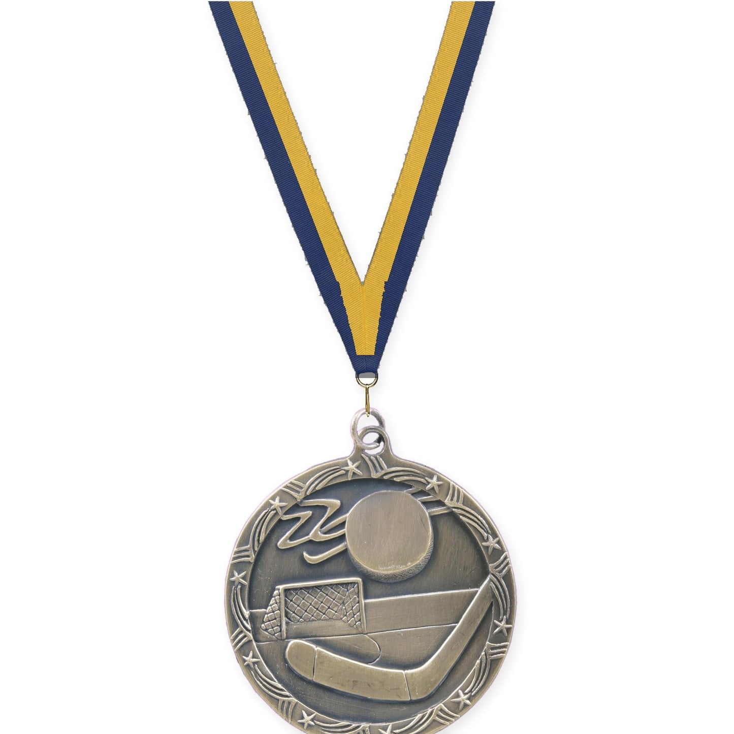 2 1/2 inch hockey Shooting Star medal in antique gold with Navy Gold neck ribbon