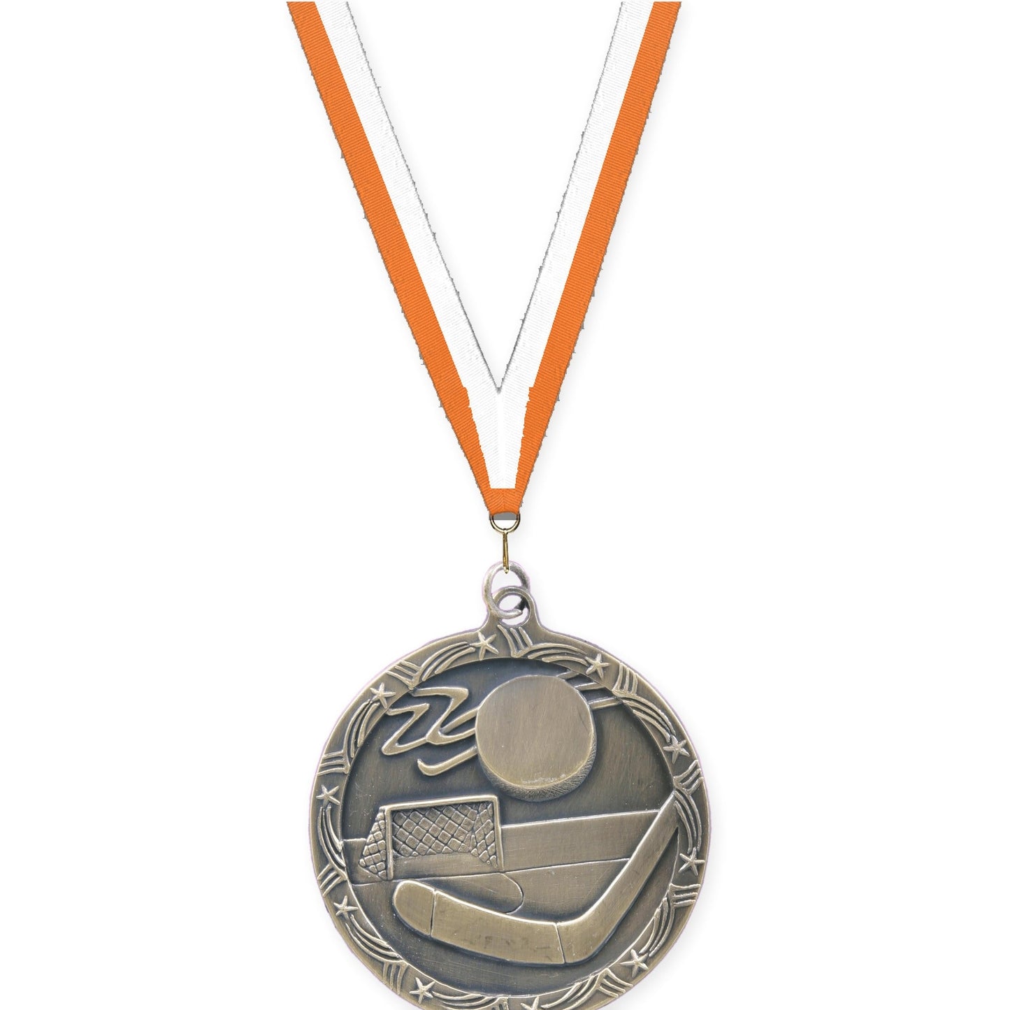 2 1/2 inch hockey Shooting Star medal in antique gold with Orange White neck ribbon