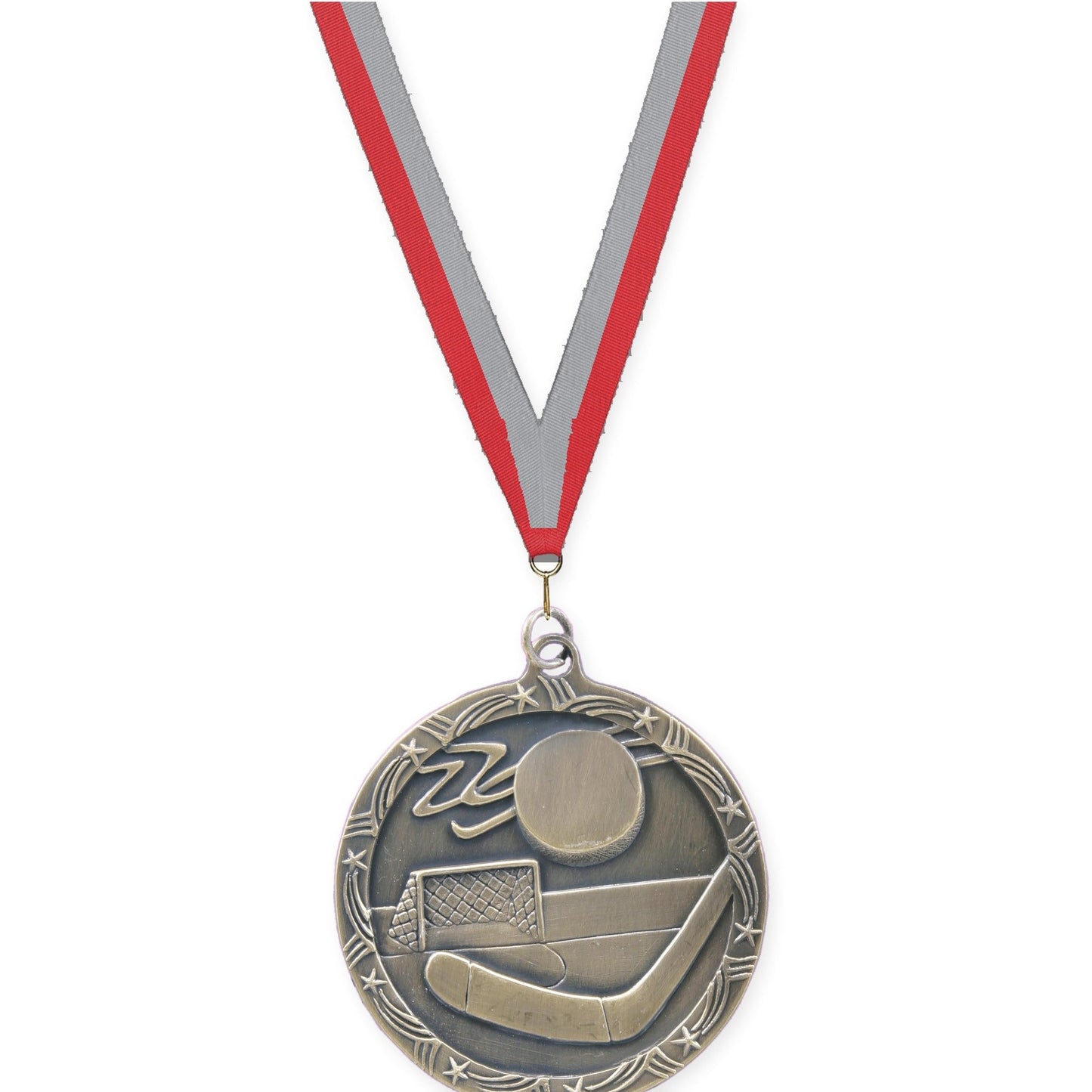 2 1/2 inch hockey Shooting Star medal in antique gold with Red Gray neck ribbon