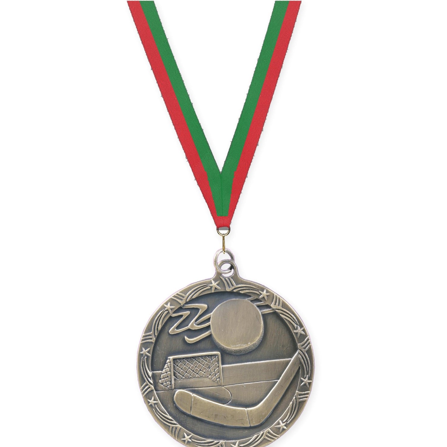 2 1/2 inch hockey Shooting Star medal in antique gold with Red Green neck ribbon