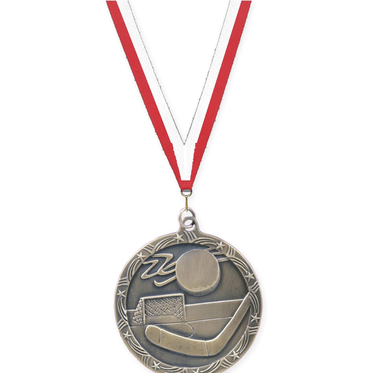 2 1/2 inch hockey Shooting Star medal in antique gold with Red White neck ribbon