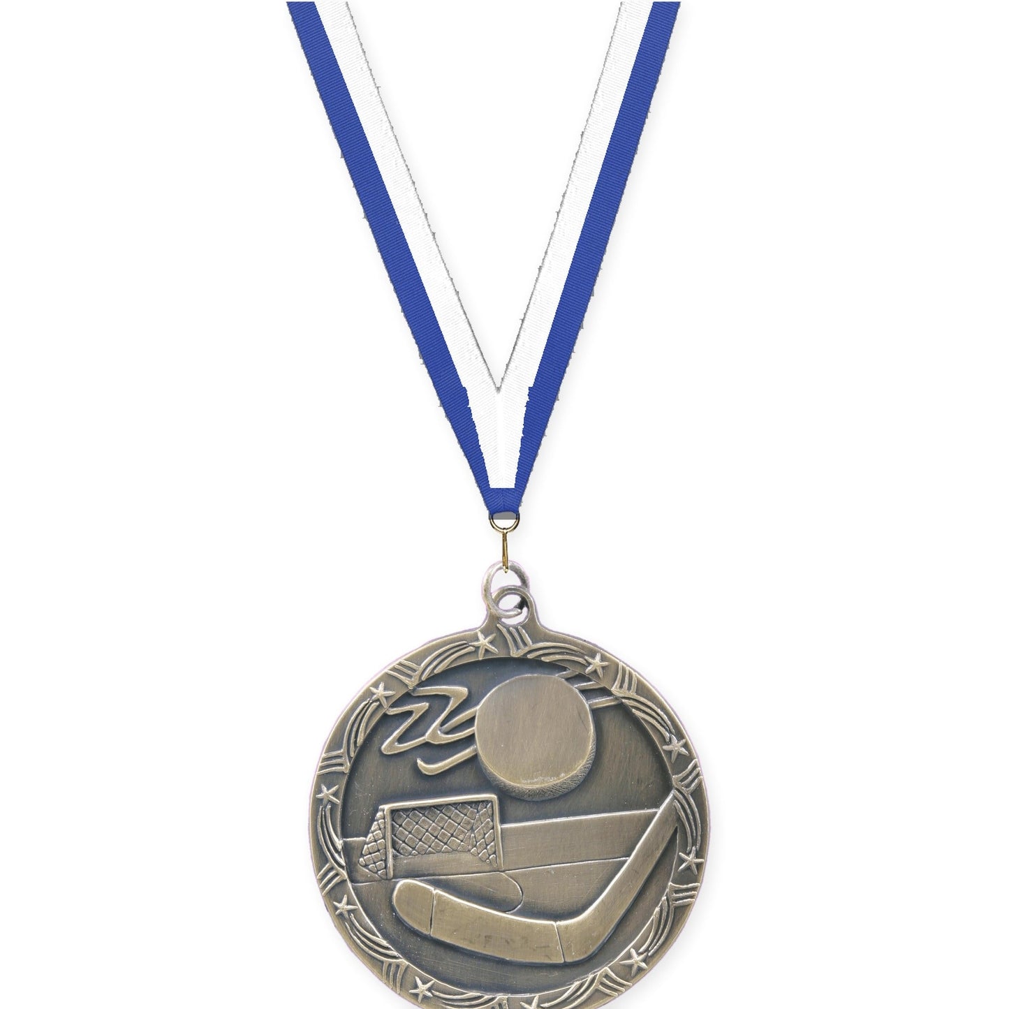 2 1/2 inch hockey Shooting Star medal in antique gold with Blue White neck ribbon