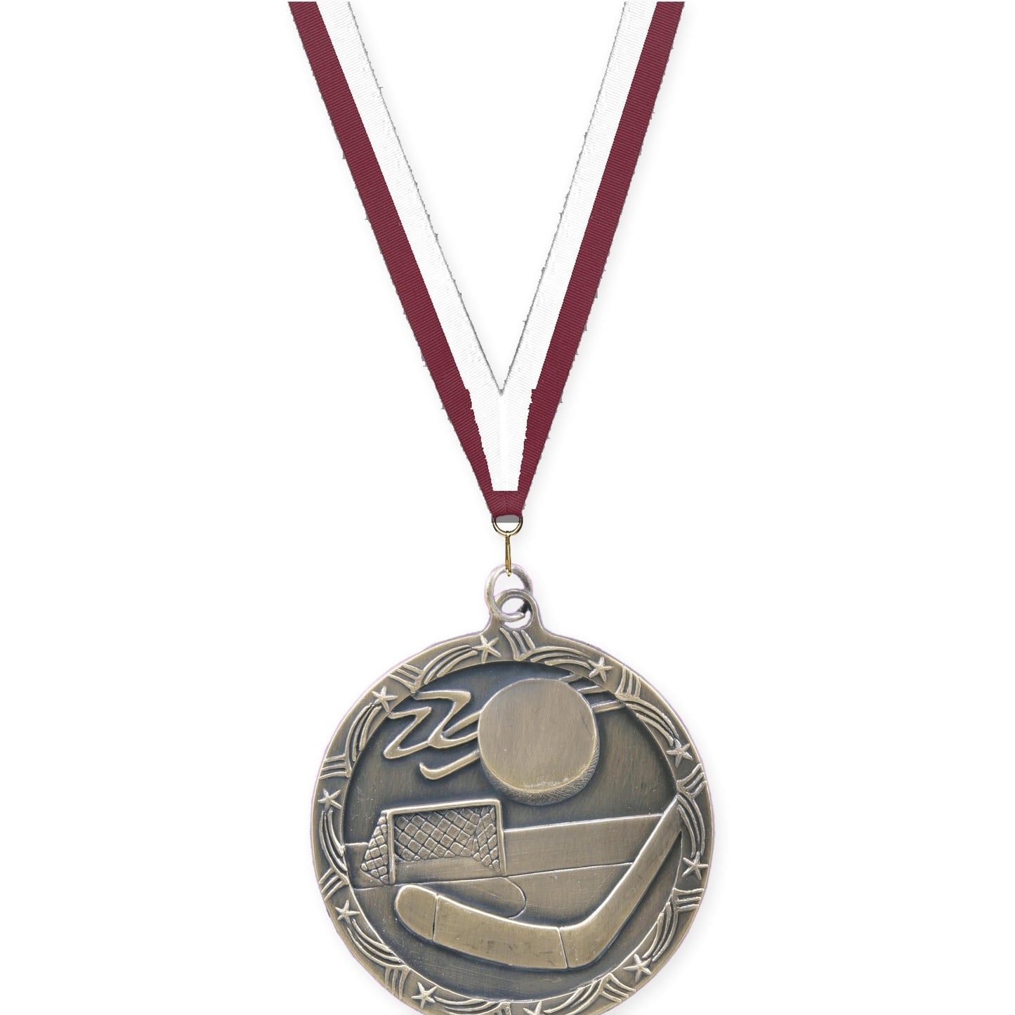 2 1/2 inch hockey Shooting Star medal in antique gold with Maroon White neck ribbon