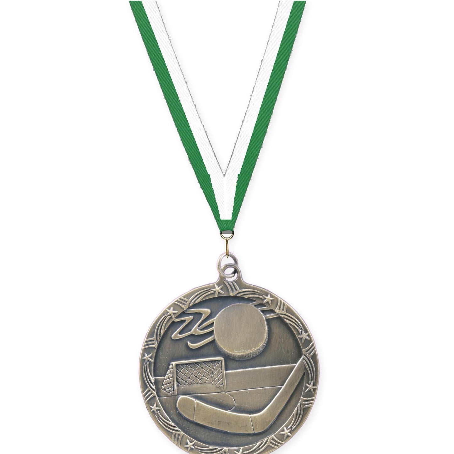 2 1/2 inch hockey Shooting Star medal in antique gold with Green White neck ribbon