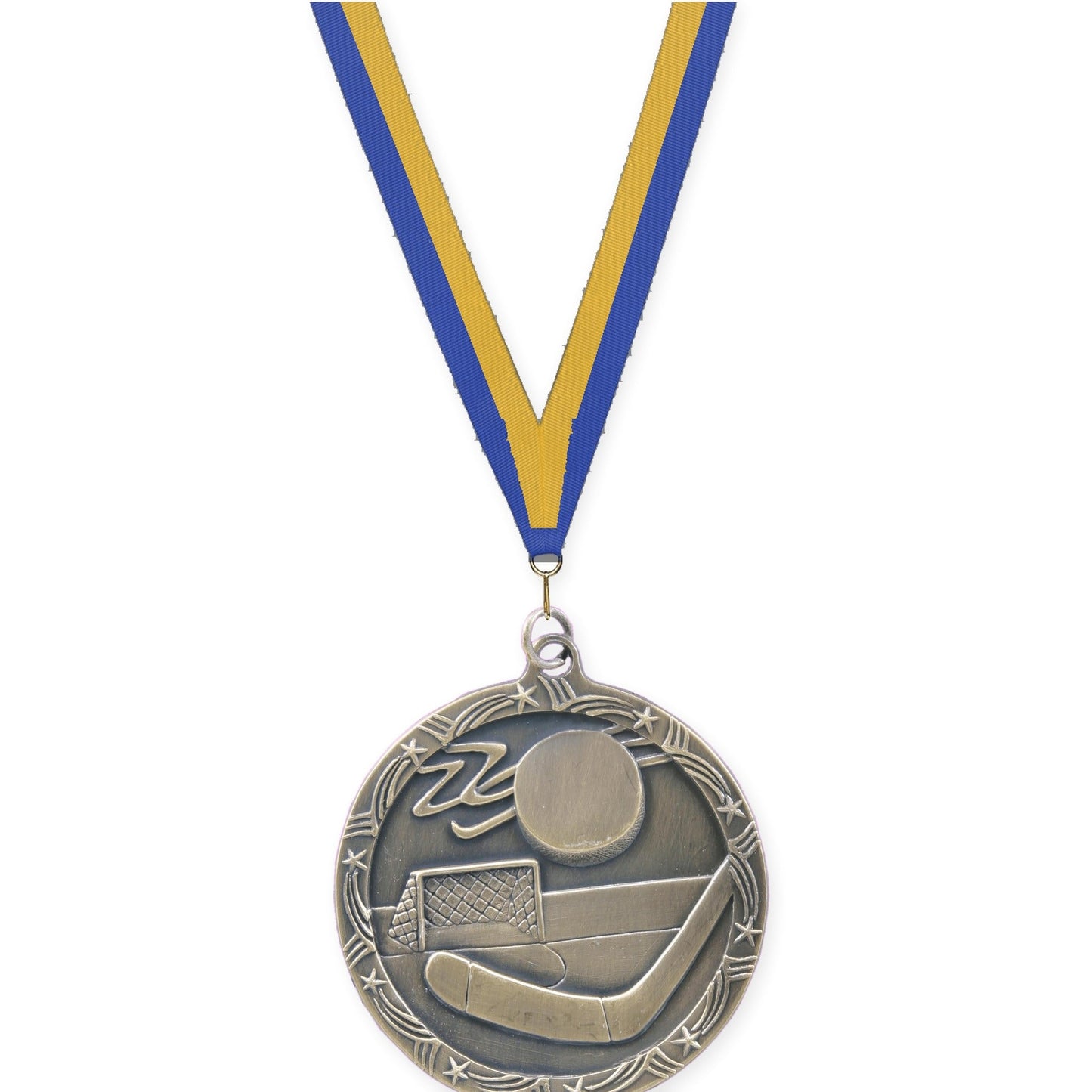 2 1/2 inch hockey Shooting Star medal in antique gold with Blue Gold neck ribbon