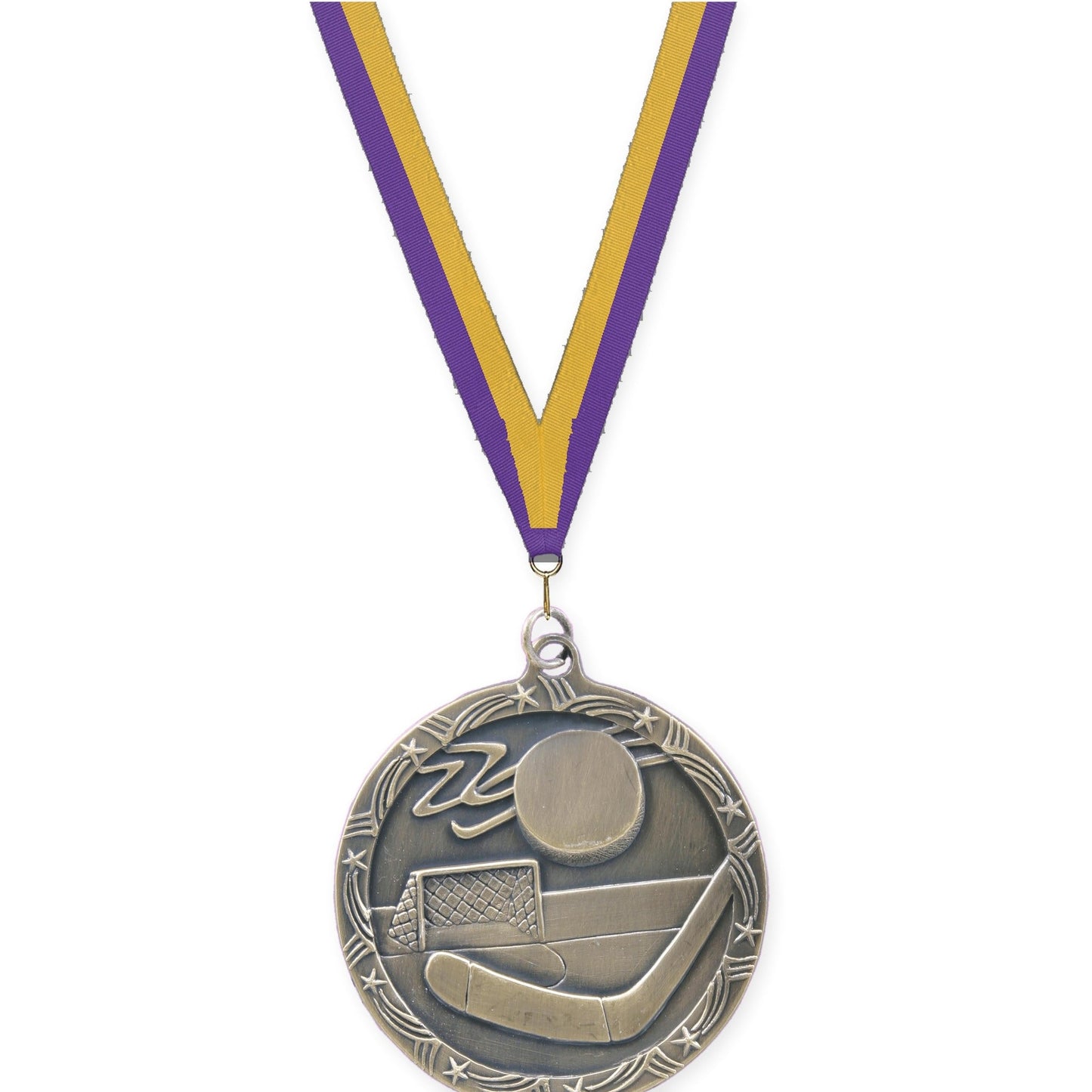 2 1/2 inch hockey Shooting Star medal in antique gold with Purple Gold neck ribbon