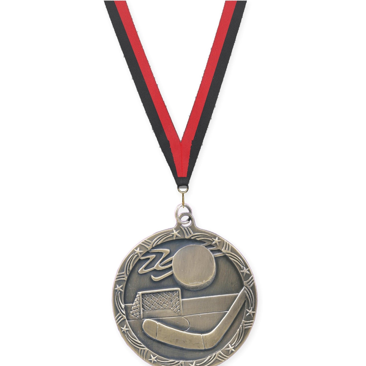 2 1/2 inch hockey Shooting Star medal in antique gold with Black Red neck ribbon