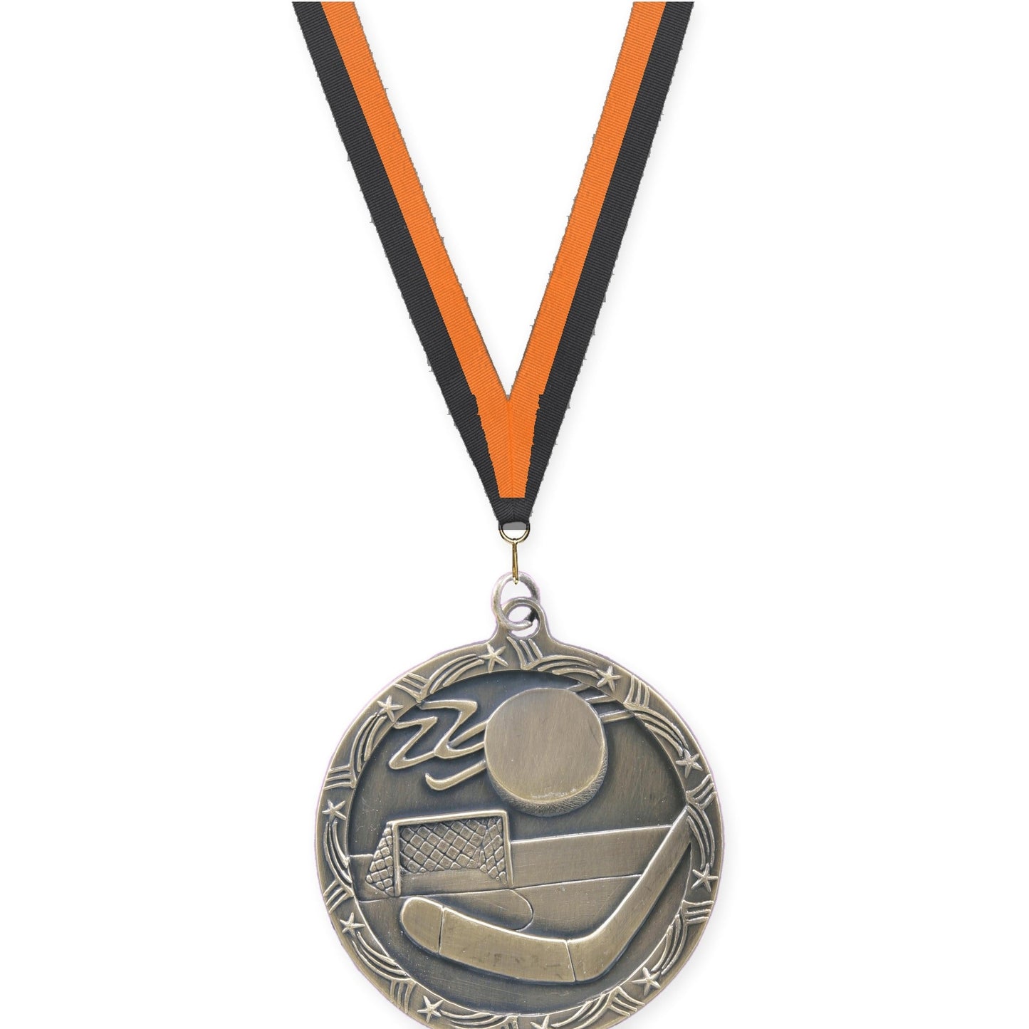 2 1/2 inch hockey Shooting Star medal in antique gold with Black Orange neck ribbon